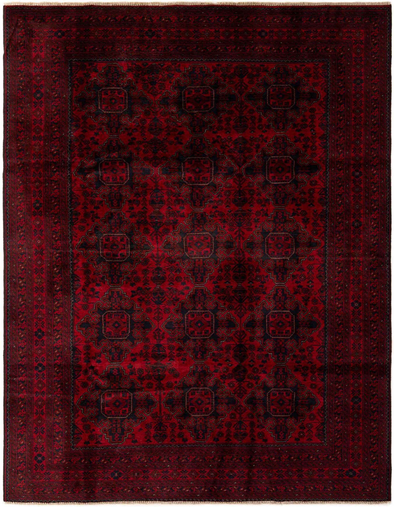 A 7x10 rectangular Rugs.com Khal Mohammadi rug in deep red with a repeating dark geometric pattern and intricate border.