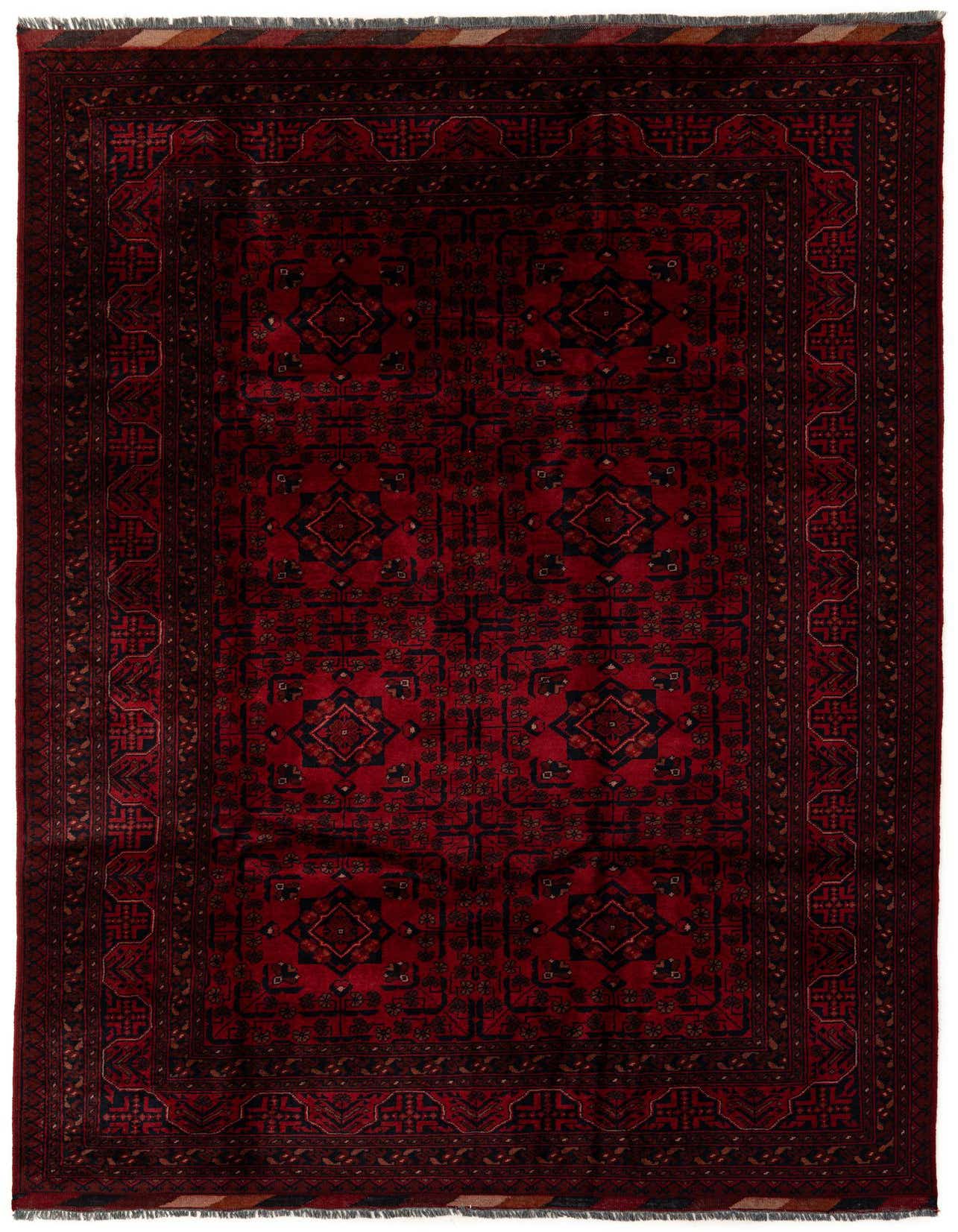 A 7x10 rectangular Khal Mohammadi rug in deep reds with a traditional geometric pattern and intricate border, suitable for a living room.