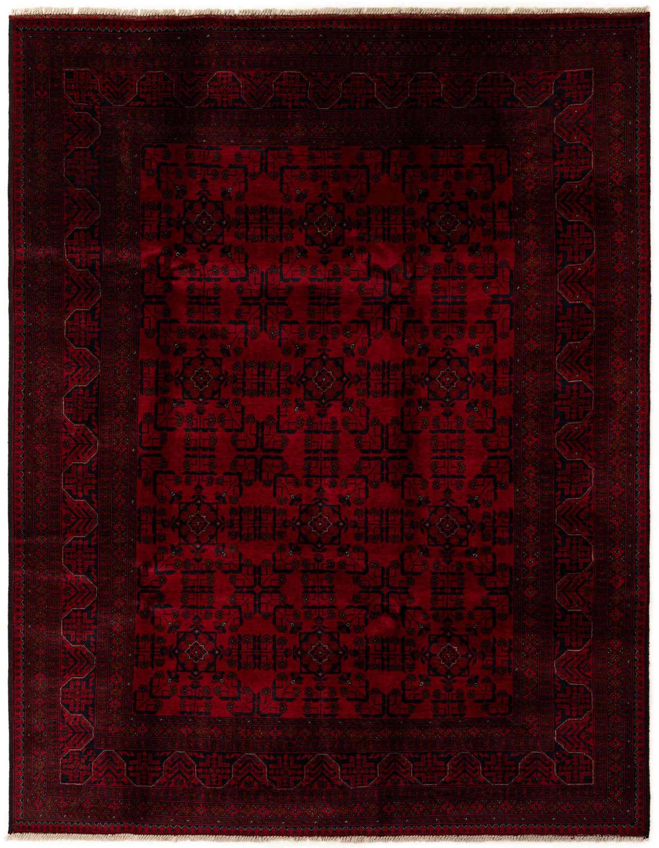A 7x10 rectangular red Khal Mohammadi wool rug with a dark geometric pattern and traditional border, suitable for a living room.