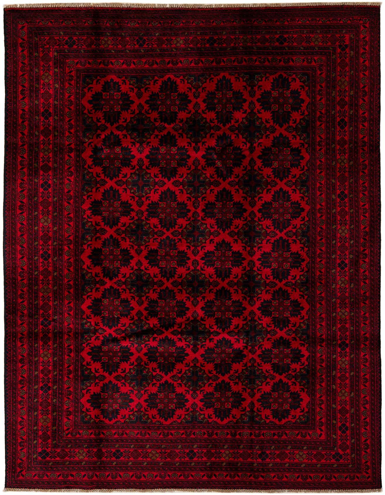 A 7x10 rectangular Khal Mohammadi rug in deep red with a repeating dark floral pattern and intricate border, suitable for a living room.