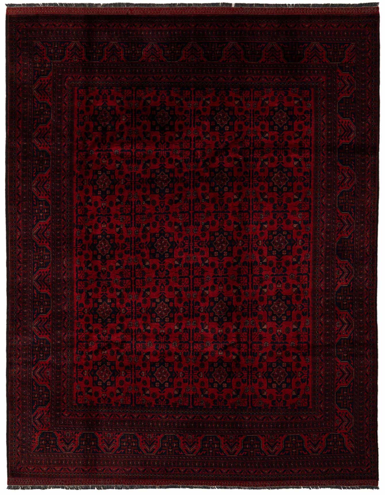 A 7x10 rectangular Khal Mohammadi rug in deep reds with intricate dark blue and black oriental patterns, featuring a detailed border.