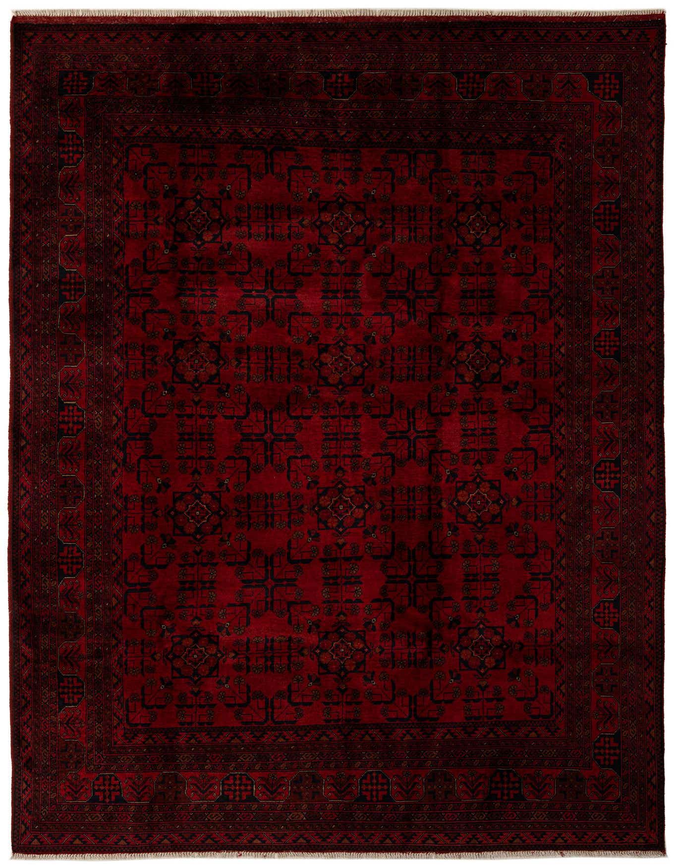 A 7x10 rectangular red Khal Mohammadi wool rug with a dark geometric border and repeating central pattern.