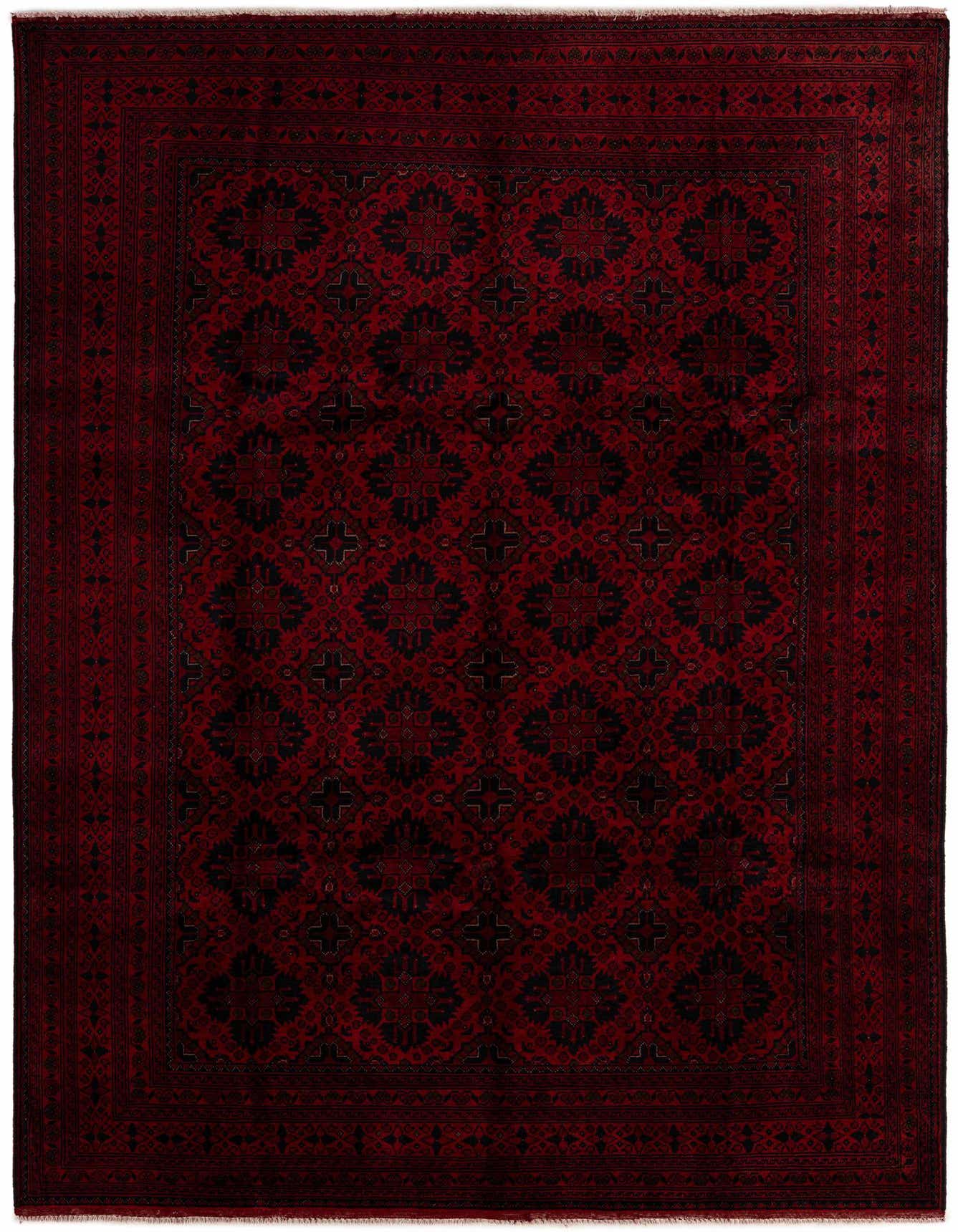 A 7x10 rectangular Khal Mohammadi rug in deep red with intricate black Oriental patterns and a detailed border.