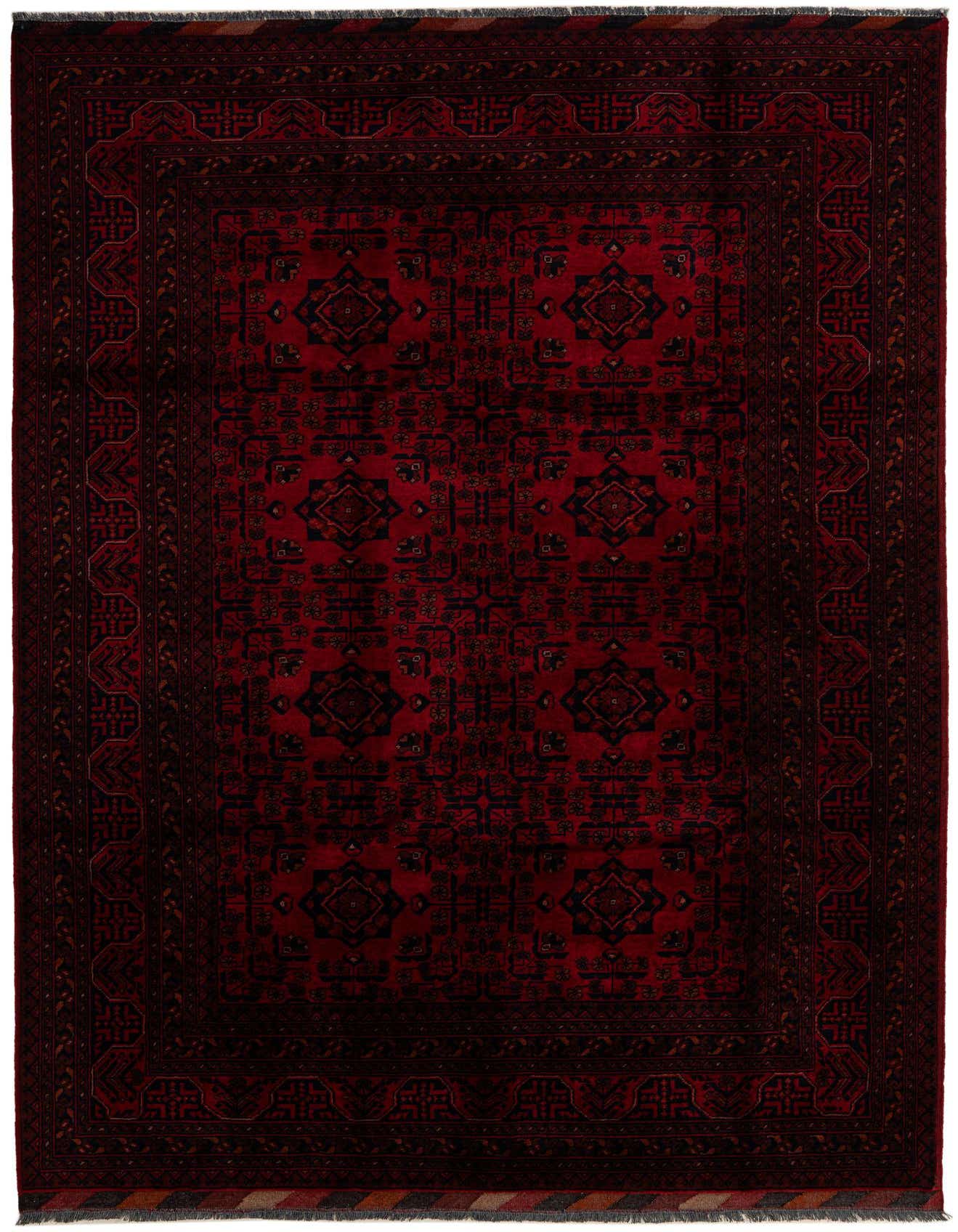 A 7x10 rectangular Khal Mohammadi rug in deep reds with intricate black and dark red oriental patterns, perfect for a living room.