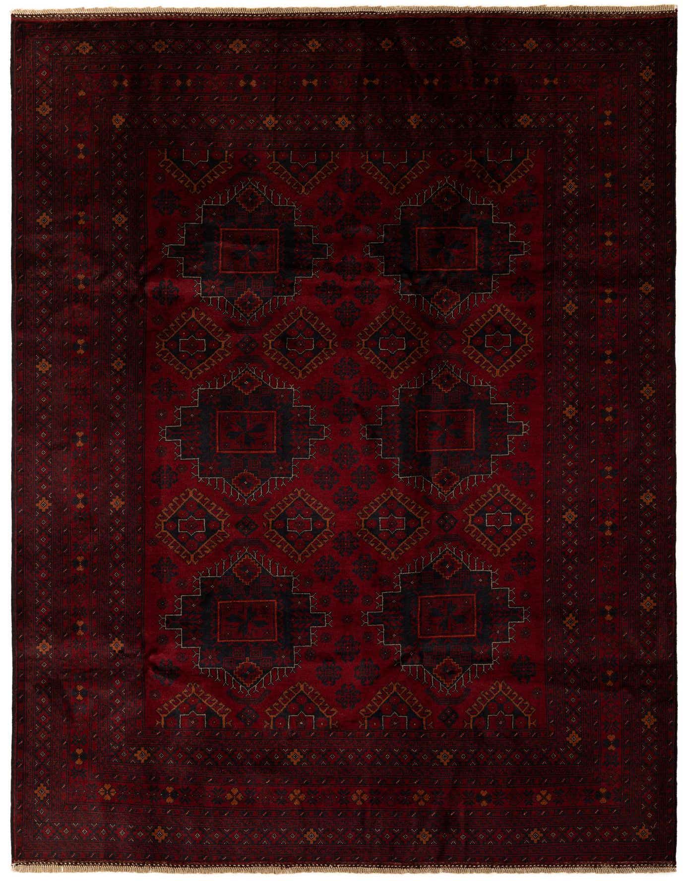A 6x9 rectangular Khal Mohammadi rug in deep reds with a central pattern of dark geometric medallions and a patterned border.