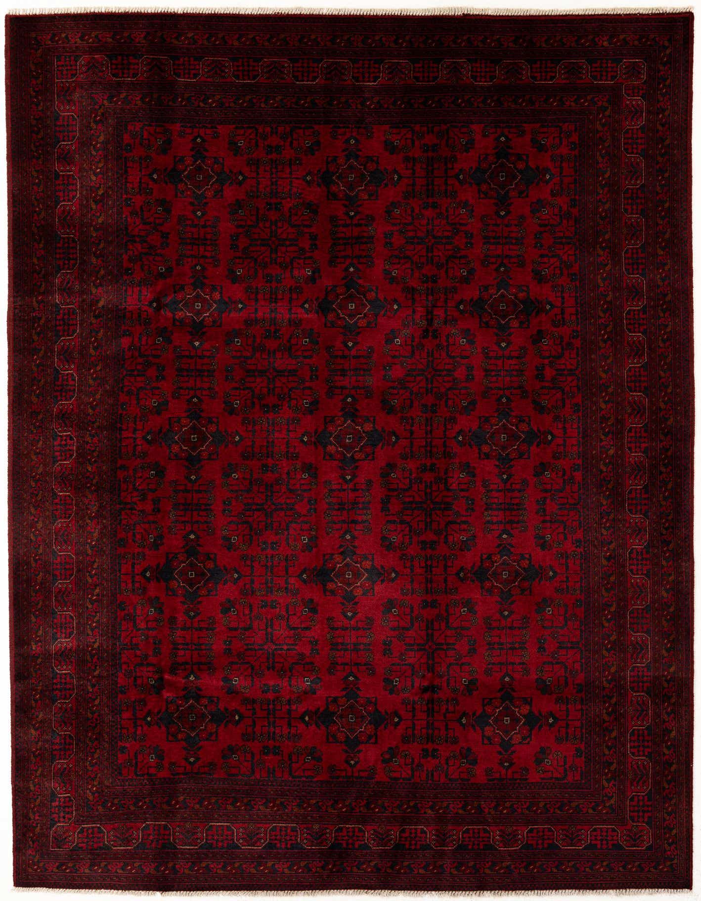 A 7x10 rectangular Khal Mohammadi rug featuring a rich red field with intricate dark geometric patterns and a matching border.