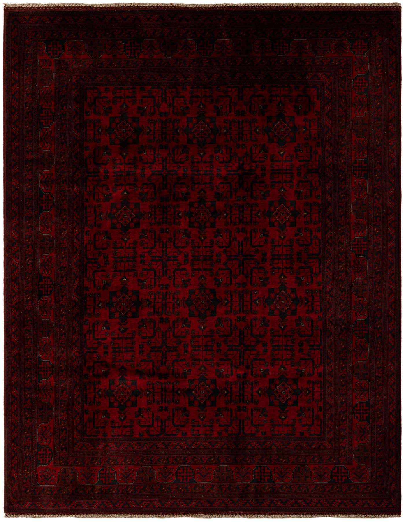 A 7x10 rectangular Khal Mohammadi rug in deep reds with a traditional black geometric pattern and a detailed border.