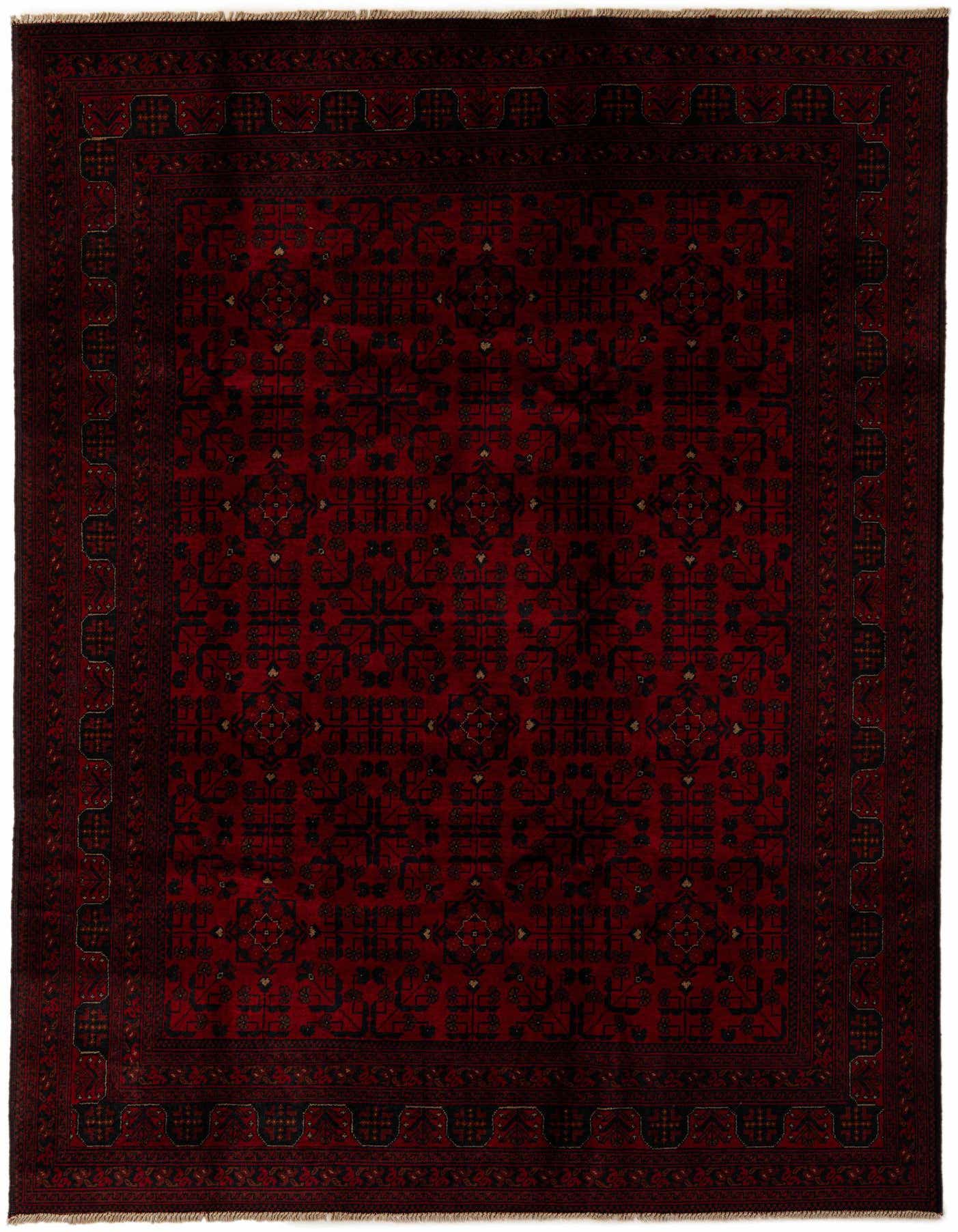 A 6x9 rectangular Khal Mohammadi rug in deep reds with a traditional black and dark red oriental pattern, suitable for a living room.