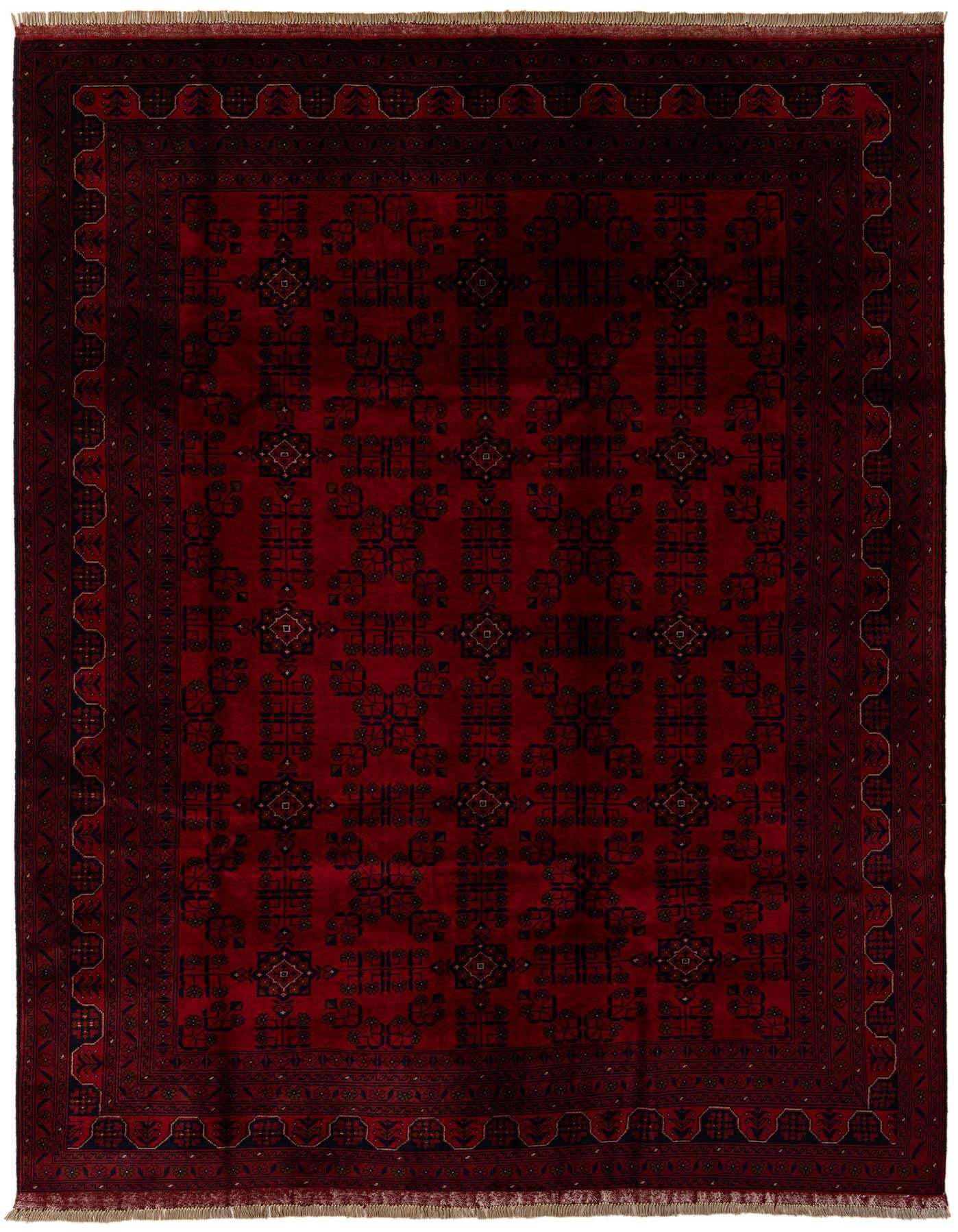 A 6x9 rectangular Khal Mohammadi rug in deep reds with a traditional oriental pattern and dark accents, suitable for a living room.