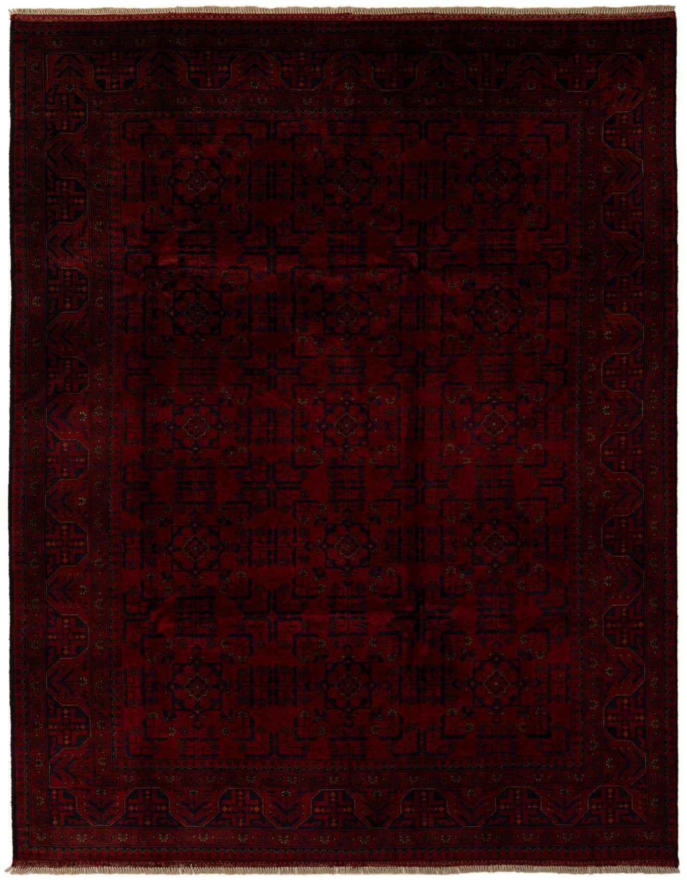 A 7x10 rectangular Khal Mohammadi rug in deep red with intricate dark oriental patterns and a thin pile.