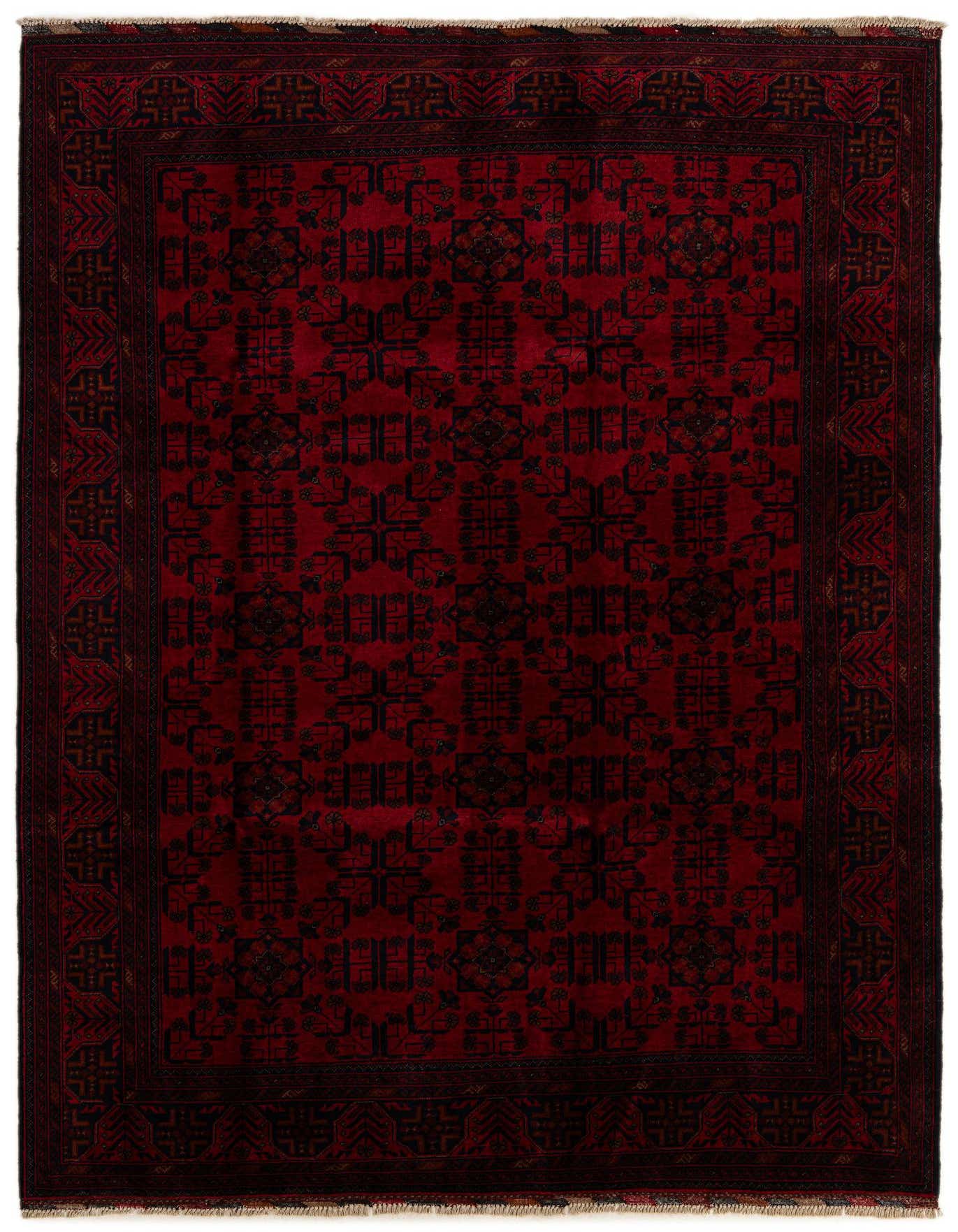 A 6x9 rectangular Khal Mohammadi rug in deep red with a repeating dark geometric and floral pattern and a detailed border, suitable for a living room.