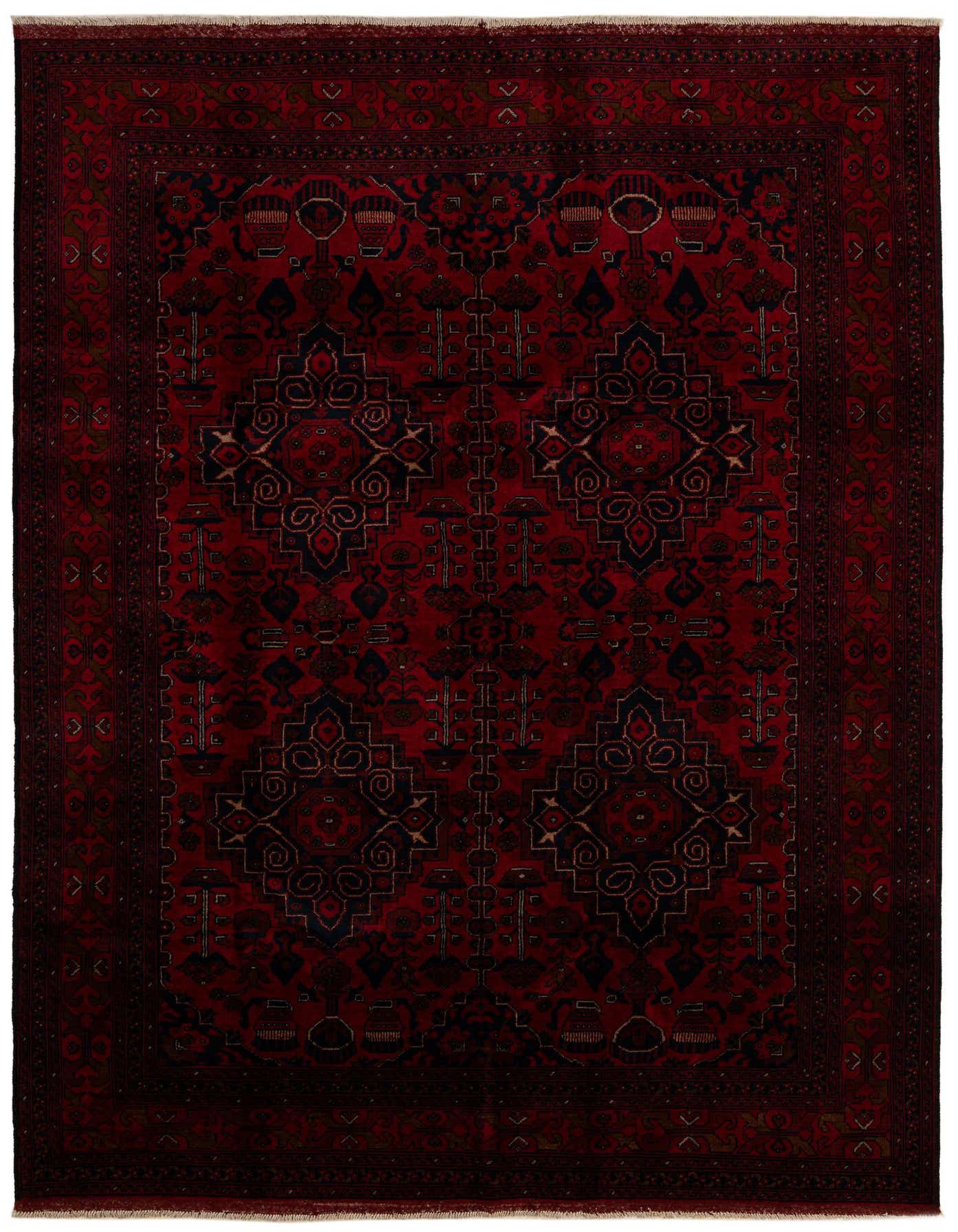 A 6x9 rectangular Khal Mohammadi rug in deep reds with intricate black and tan oriental medallion patterns.