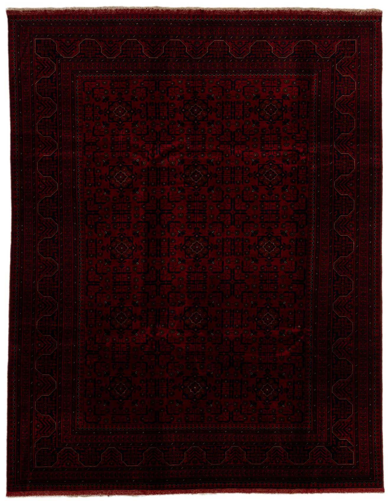 A 7x10 rectangular Khal Mohammadi rug in deep reds with a detailed oriental pattern, suitable for a living room.