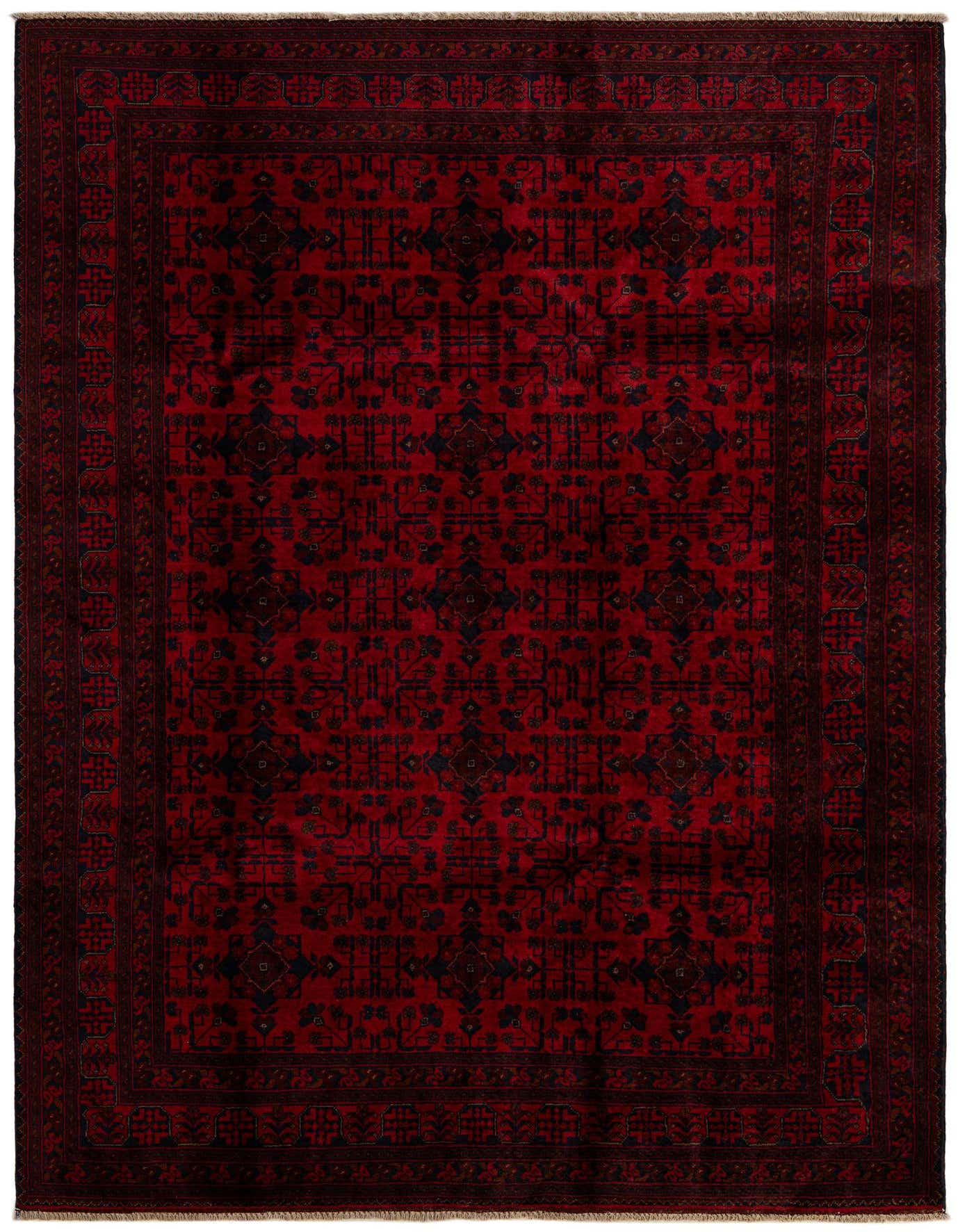 A 6x9 rectangular Khal Mohammadi rug featuring a deep red field with intricate dark geometric and floral patterns, and a matching border.