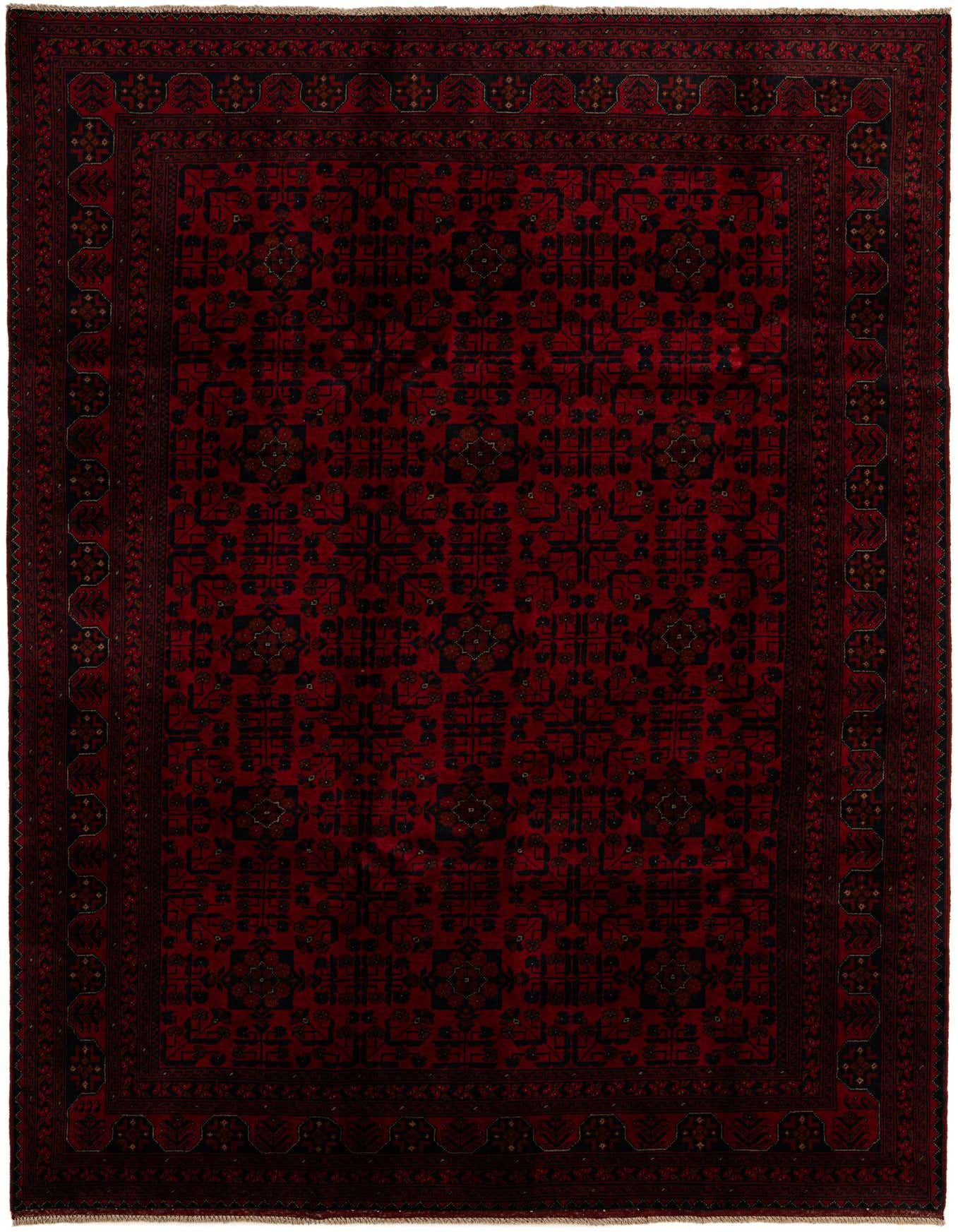 A 6x9 rectangular Khal Mohammadi rug in rich reds with a traditional oriental pattern, suitable for a living room.