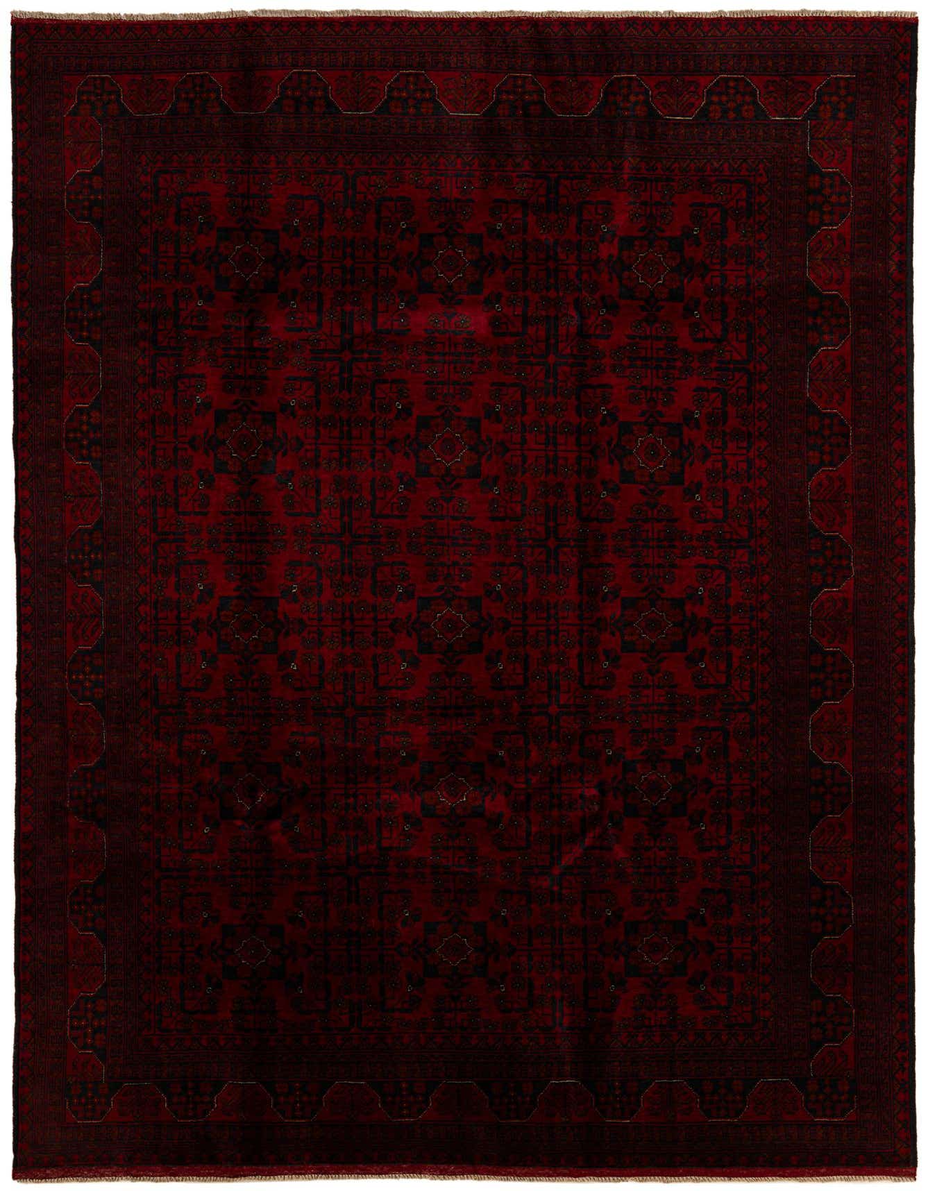 A 7x10 rectangular Khal Mohammadi rug in deep red with intricate black Oriental patterns, suitable for a living room.