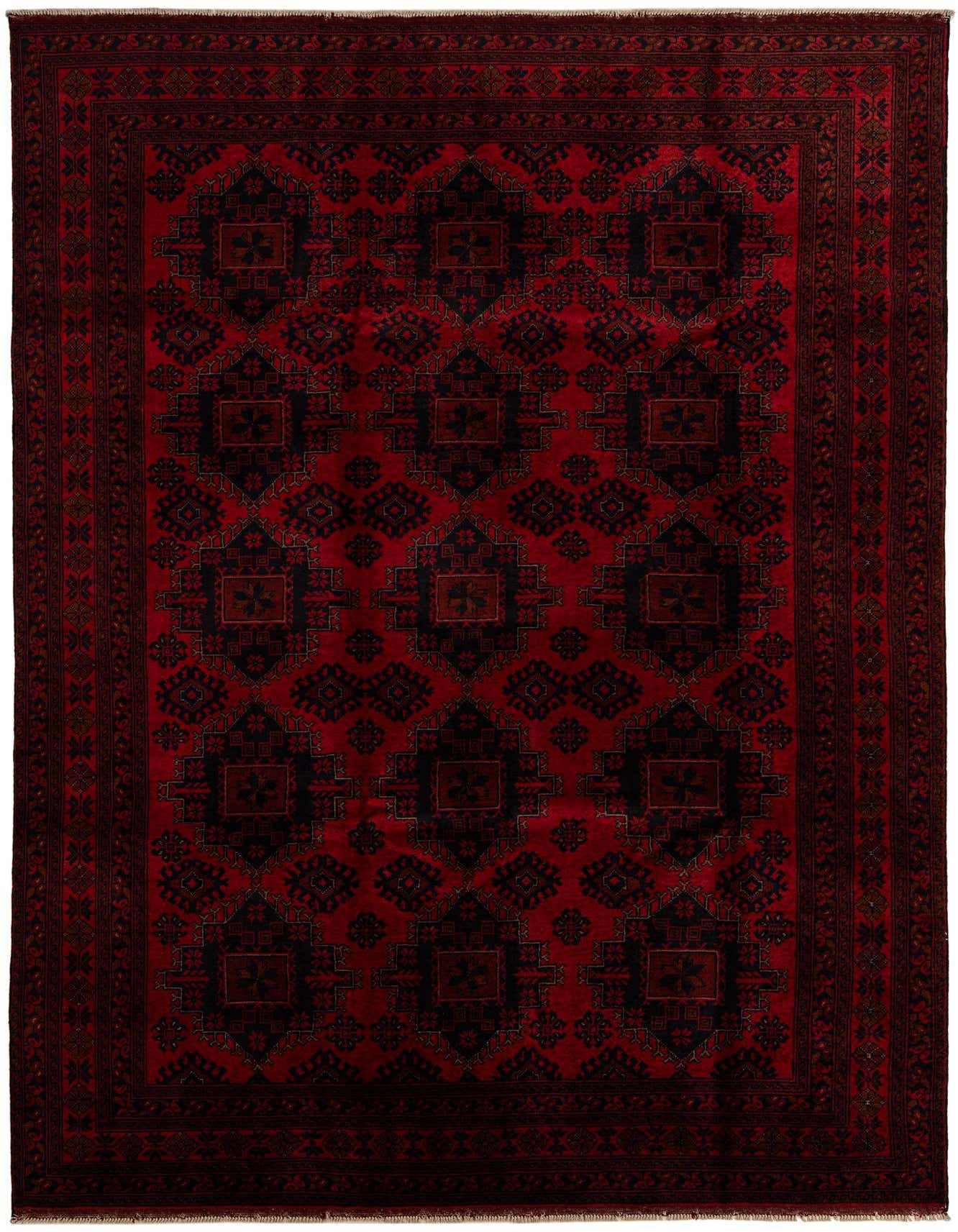 A 6x9 rectangular Khal Mohammadi rug featuring a deep red field with intricate black and dark red oriental patterns, perfect for a living room.