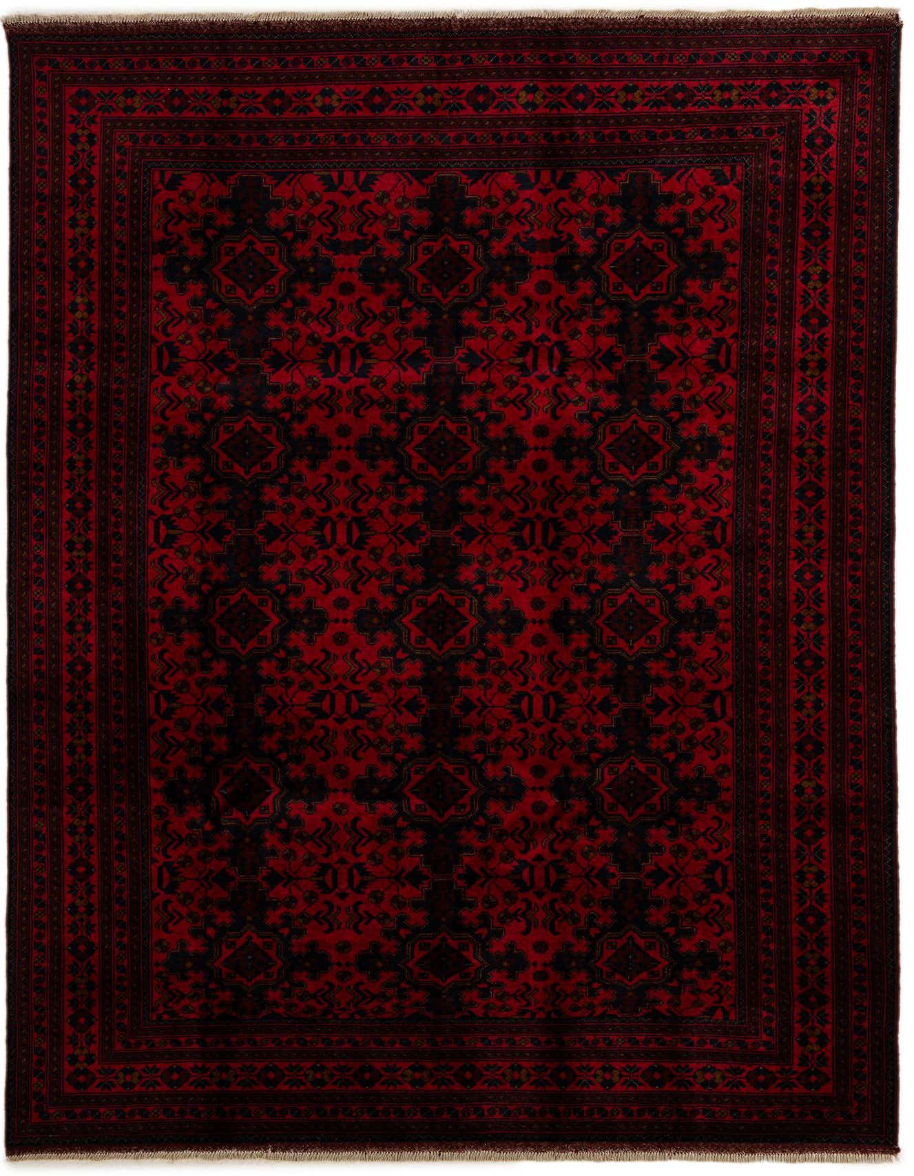 A 7x10 rectangular Khal Mohammadi rug in deep red with a repeating black geometric and floral oriental pattern.