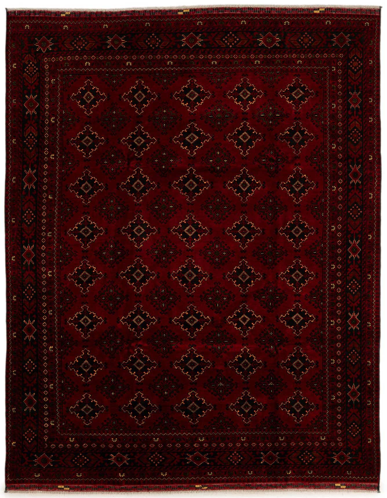 A 7x10 rectangular Khal Mohammadi rug in deep red with a repeating pattern of black and gold modern geometric diamonds.