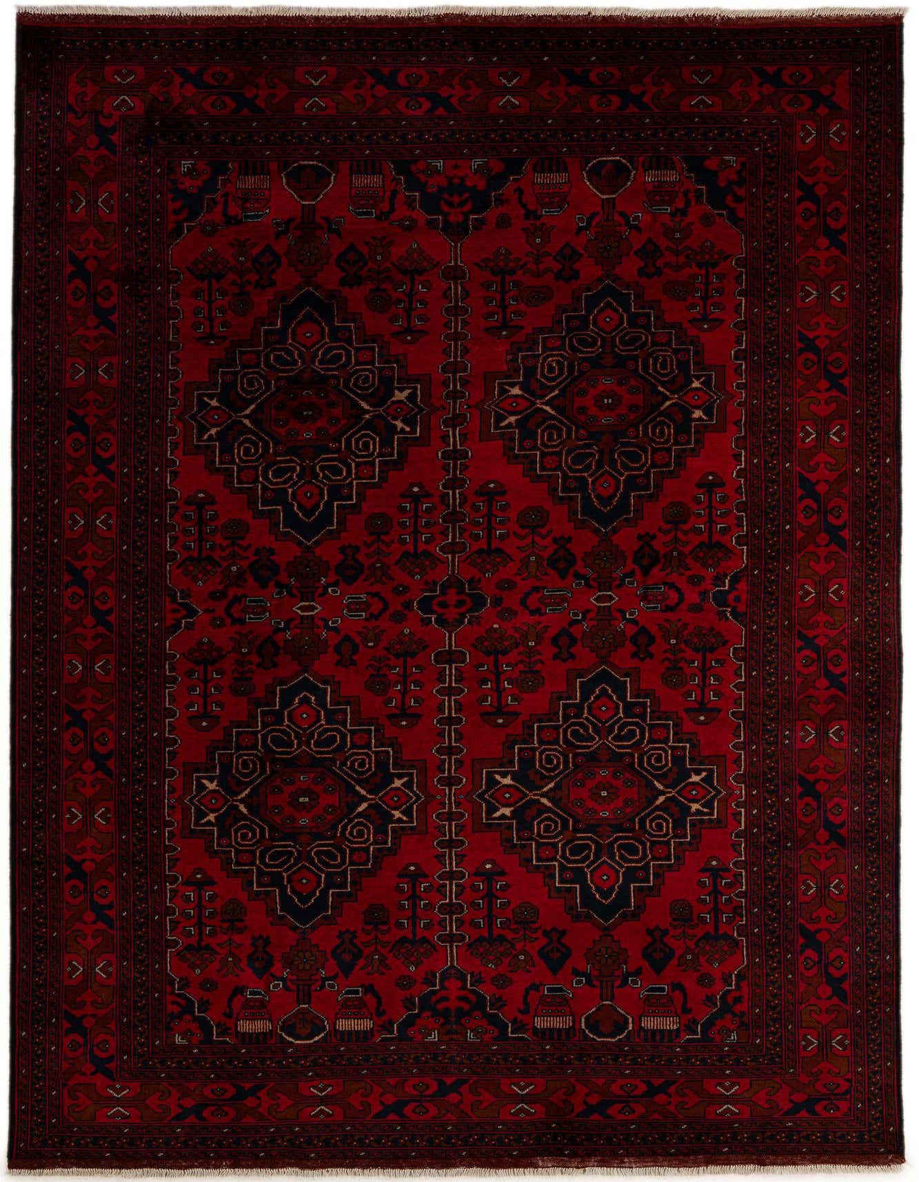 A 7x10 rectangular Khal Mohammadi rug in deep reds with intricate black and brown modern patterns, ideal for a living room.