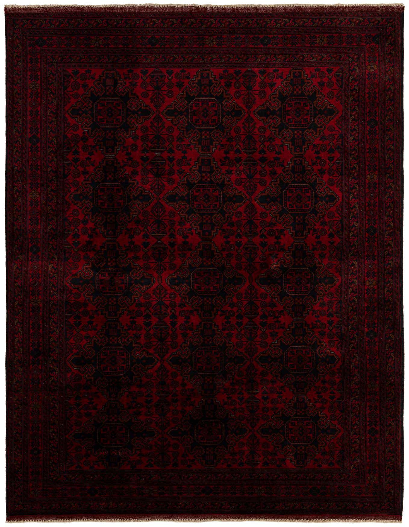 A 7x10 rectangular Khal Mohammadi rug featuring a deep red field with intricate black and dark red oriental patterns and a matching border.
