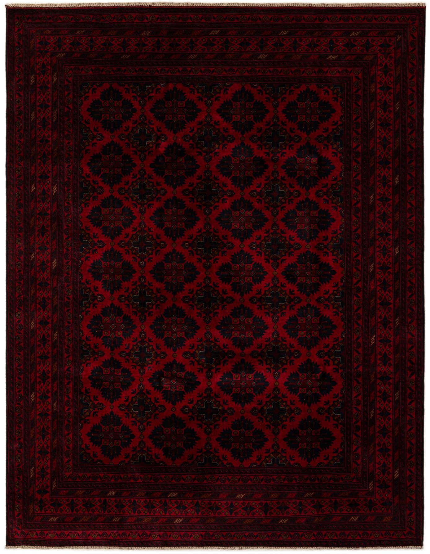 A 7x10 rectangular Khal Mohammadi rug in deep reds and black, featuring a repeating geometric floral pattern and intricate borders, ideal for a living room.
