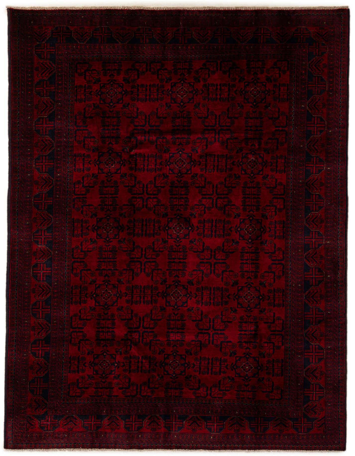 A 7x10 rectangular Khal Mohammadi rug in deep reds with a traditional geometric pattern and dark border.