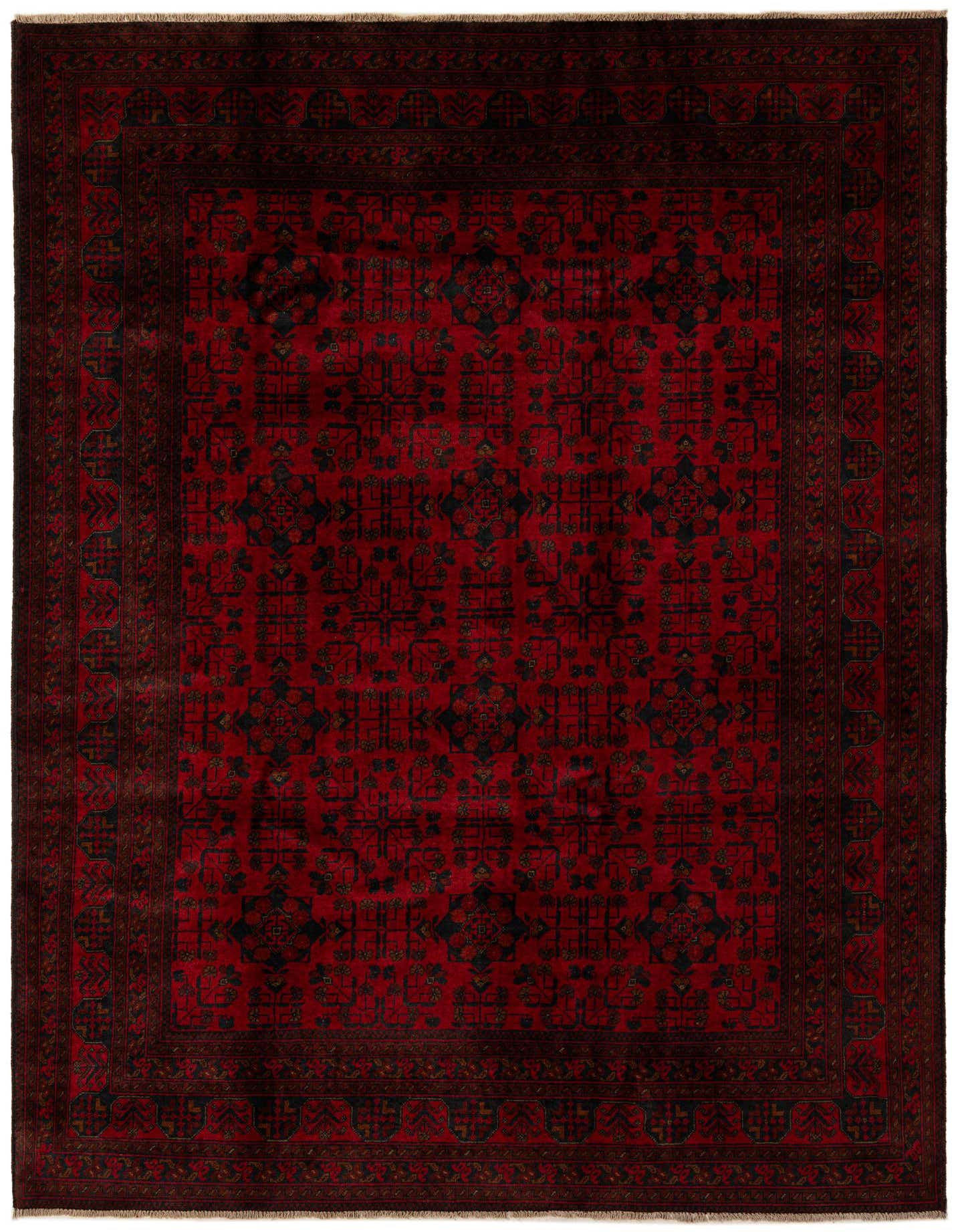 A 7x10 rectangular Khal Mohammadi rug in deep red with intricate black and dark red modern patterns and a detailed border.