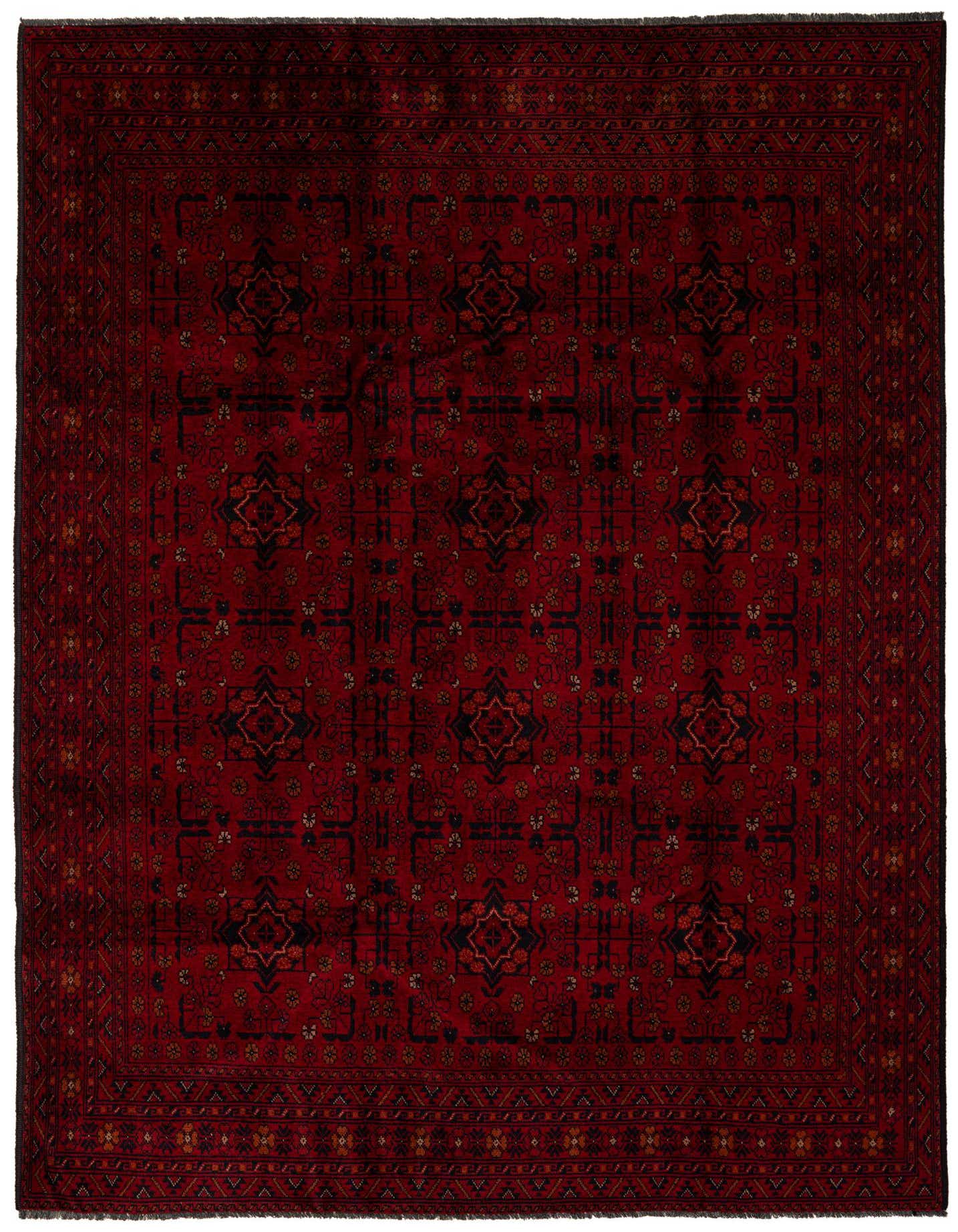 A 6x9 rectangular Rugs.com Khal Mohammadi rug in deep red with intricate black and gold modern patterns, ideal for a living room.