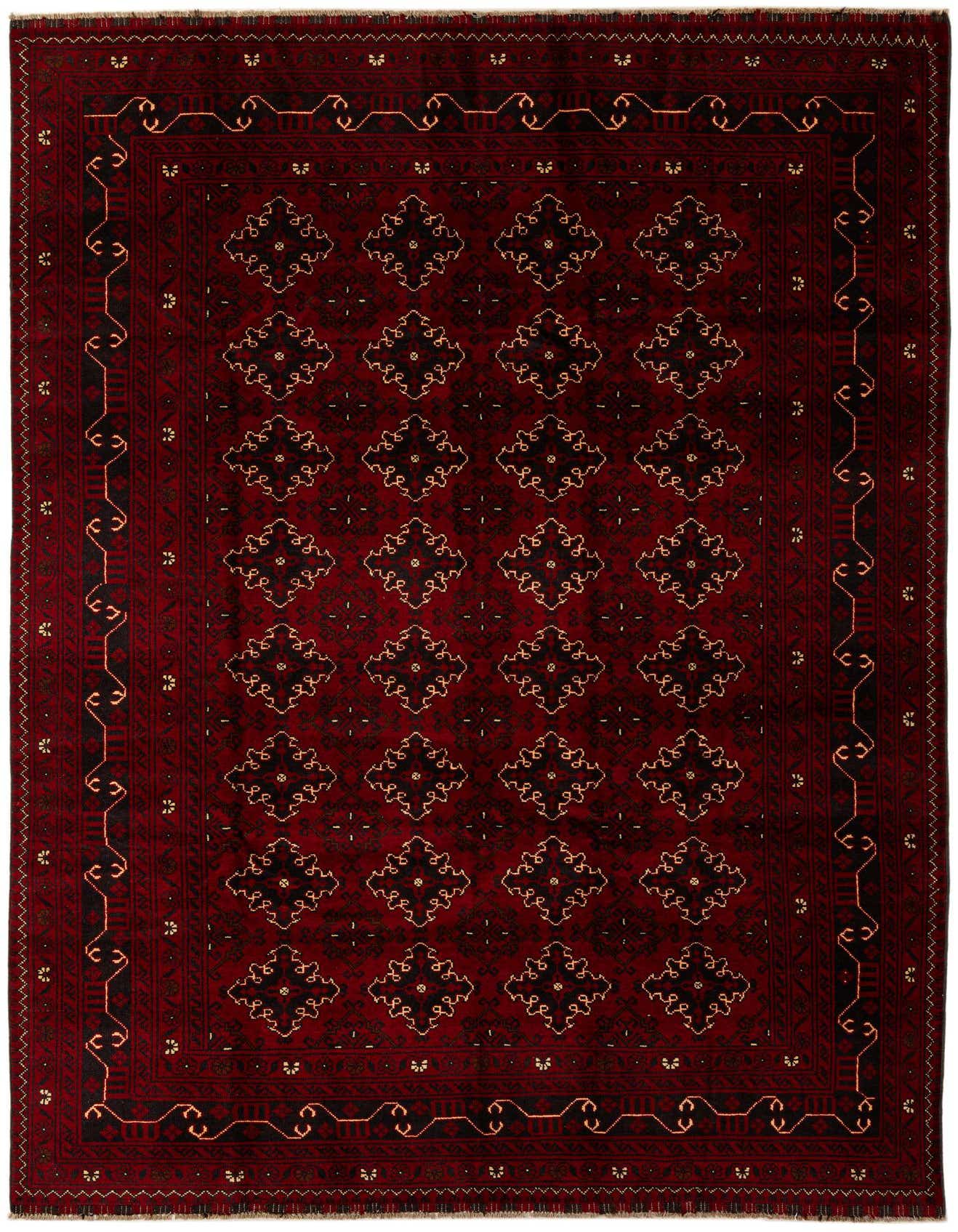 A 6x9 rectangular Rugs.com Khal Mohammadi rug featuring a deep red field with repeating black and gold modern patterns and a matching border.