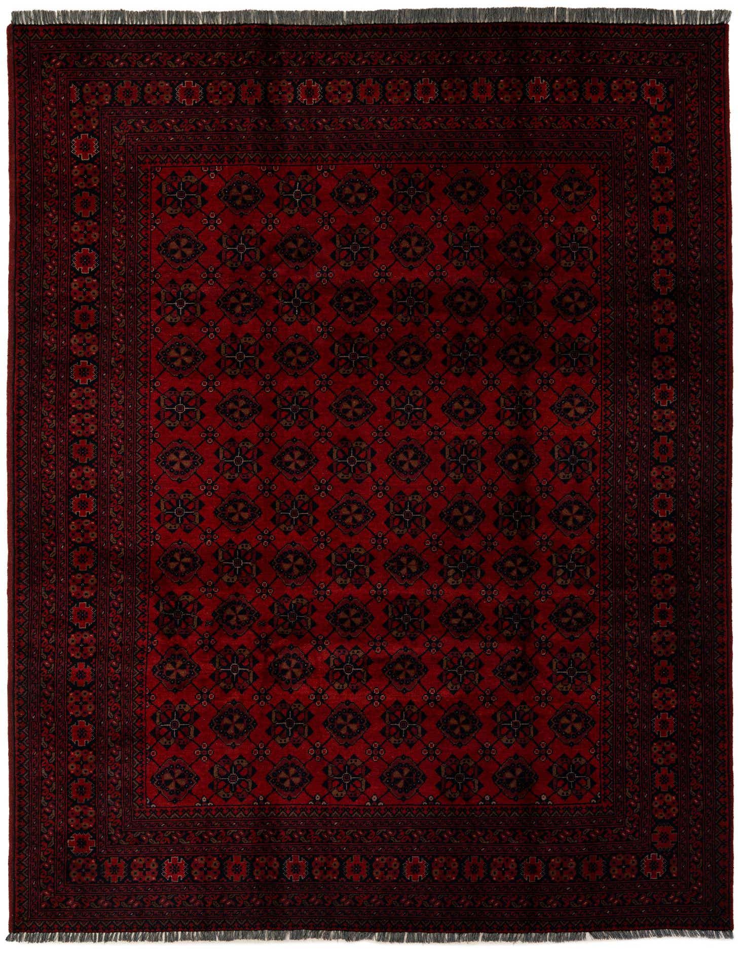 A 7x10 rectangular Khal Mohammadi rug in deep red with intricate dark geometric patterns and a thin pile, perfect for a living room.