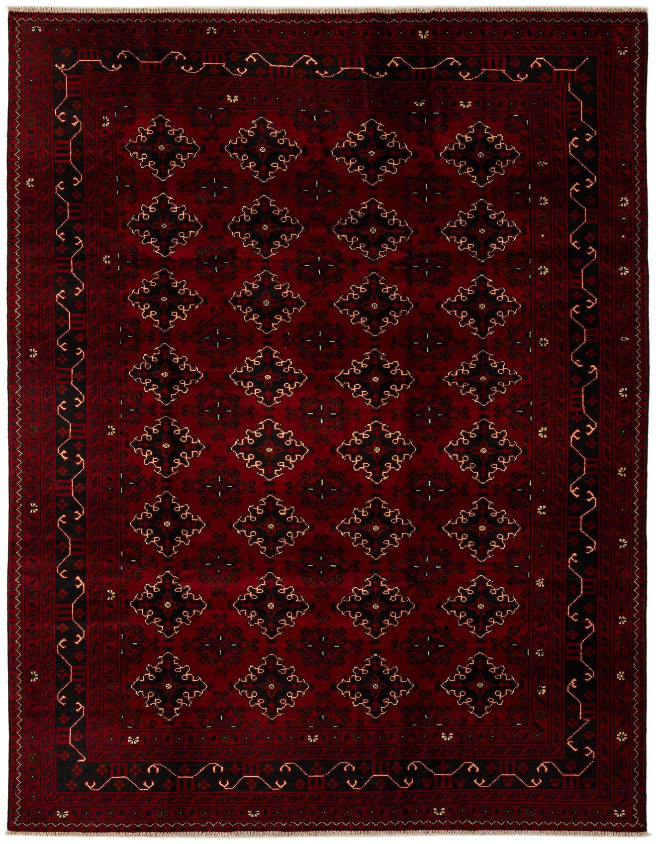 A 6x9 rectangular red Khal Mohammadi wool rug with a modern geometric pattern and dark border.