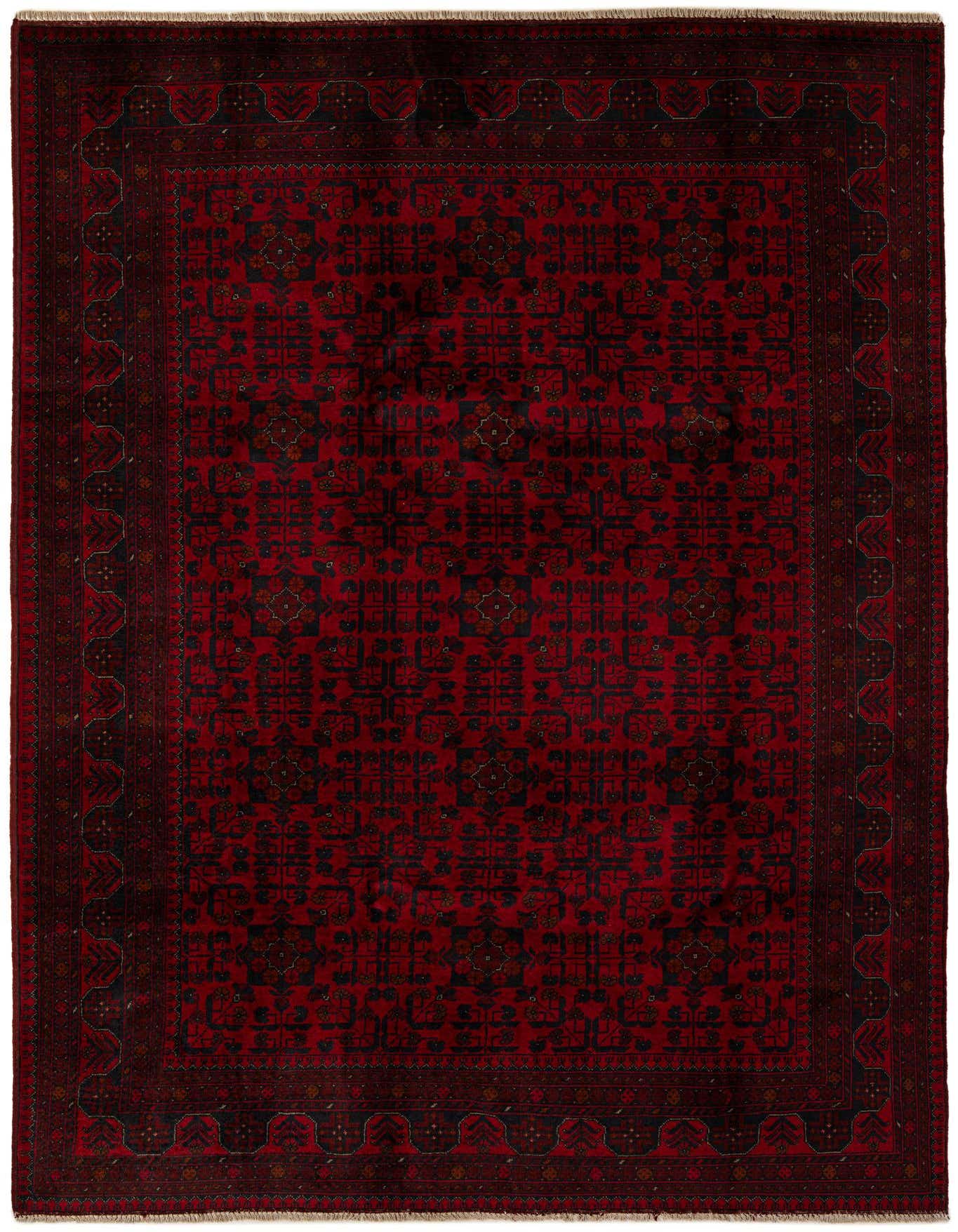 A 7x10 rectangular red modern wool rug with a dark geometric pattern and a subtle border.
