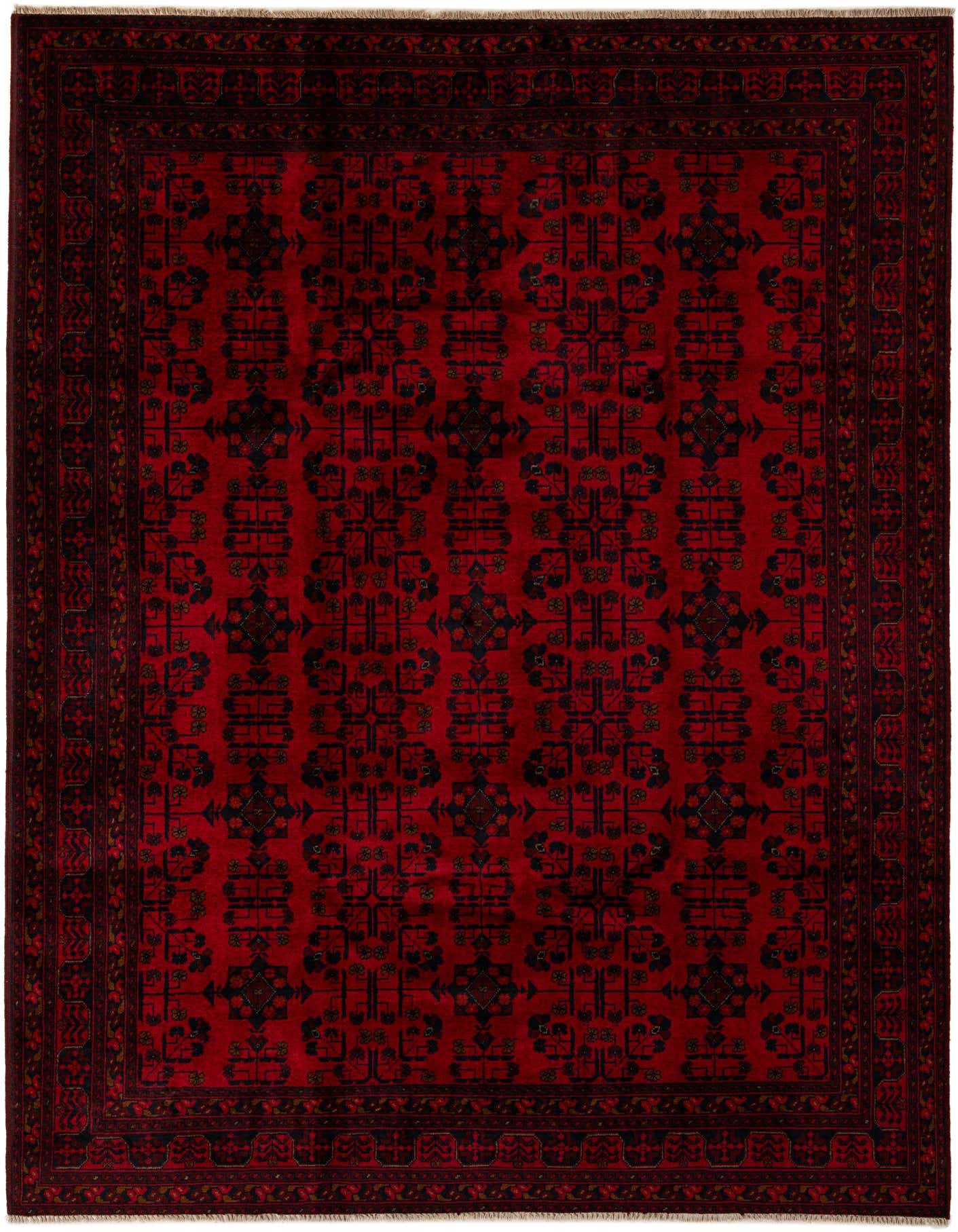 A 6x9 rectangular Khal Mohammadi rug in deep red with a repeating black modern geometric pattern and a dark border.