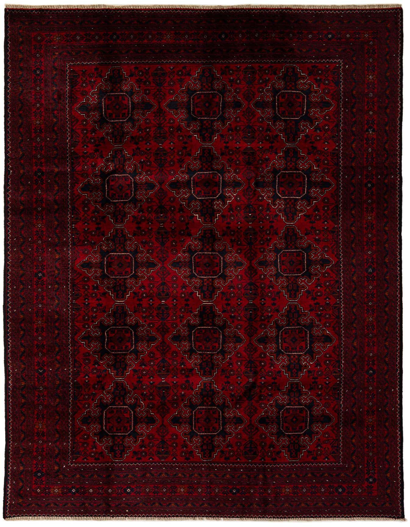 A 6x9 rectangular red Khal Mohammadi wool rug with a modern geometric pattern and dark border, suitable for a living room.