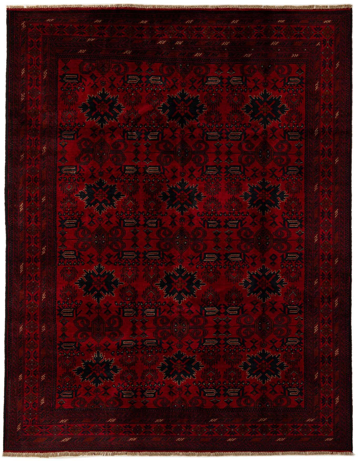 A 7x10 rectangular Khal Mohammadi rug featuring a rich red field with intricate black and dark red modern patterns and a detailed border.