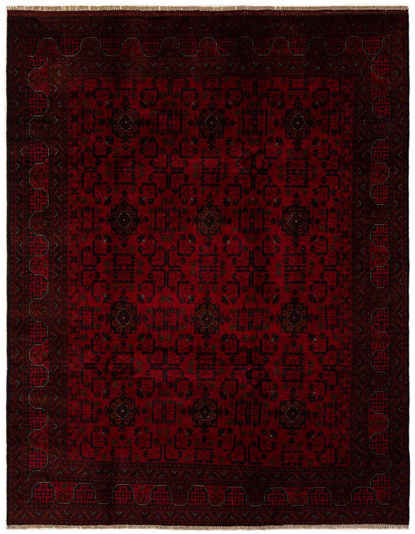 A 6x9 rectangular Khal Mohammadi rug in deep reds with a modern, intricate geometric pattern and a thin pile, perfect for a living room.