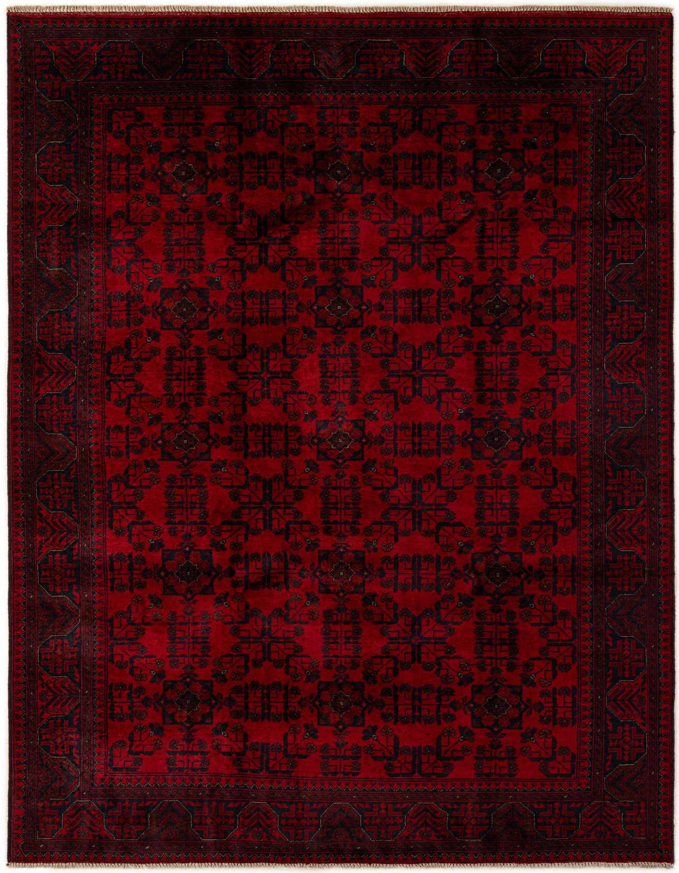 A 7x10 rectangular Khal Mohammadi rug in deep red with intricate dark geometric patterns and a detailed border, suitable for a living room.