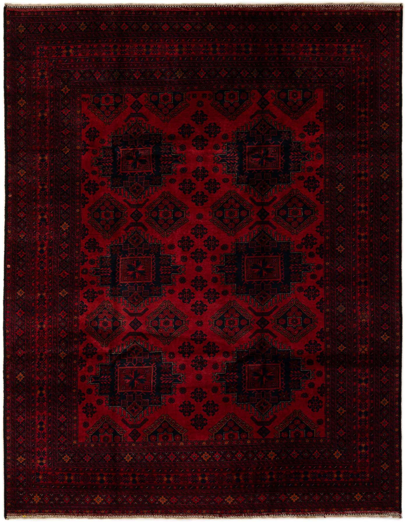 A 7x10 rectangular Khal Mohammadi rug in deep reds with intricate dark blue and black geometric patterns and a detailed border.