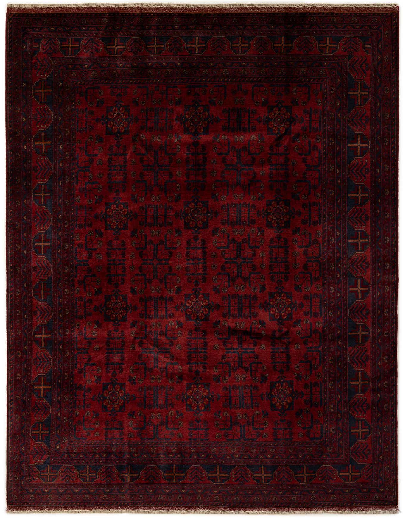 A 7x10 rectangular Khal Mohammadi rug in deep reds with dark blue and gold modern geometric patterns, perfect for a living room.