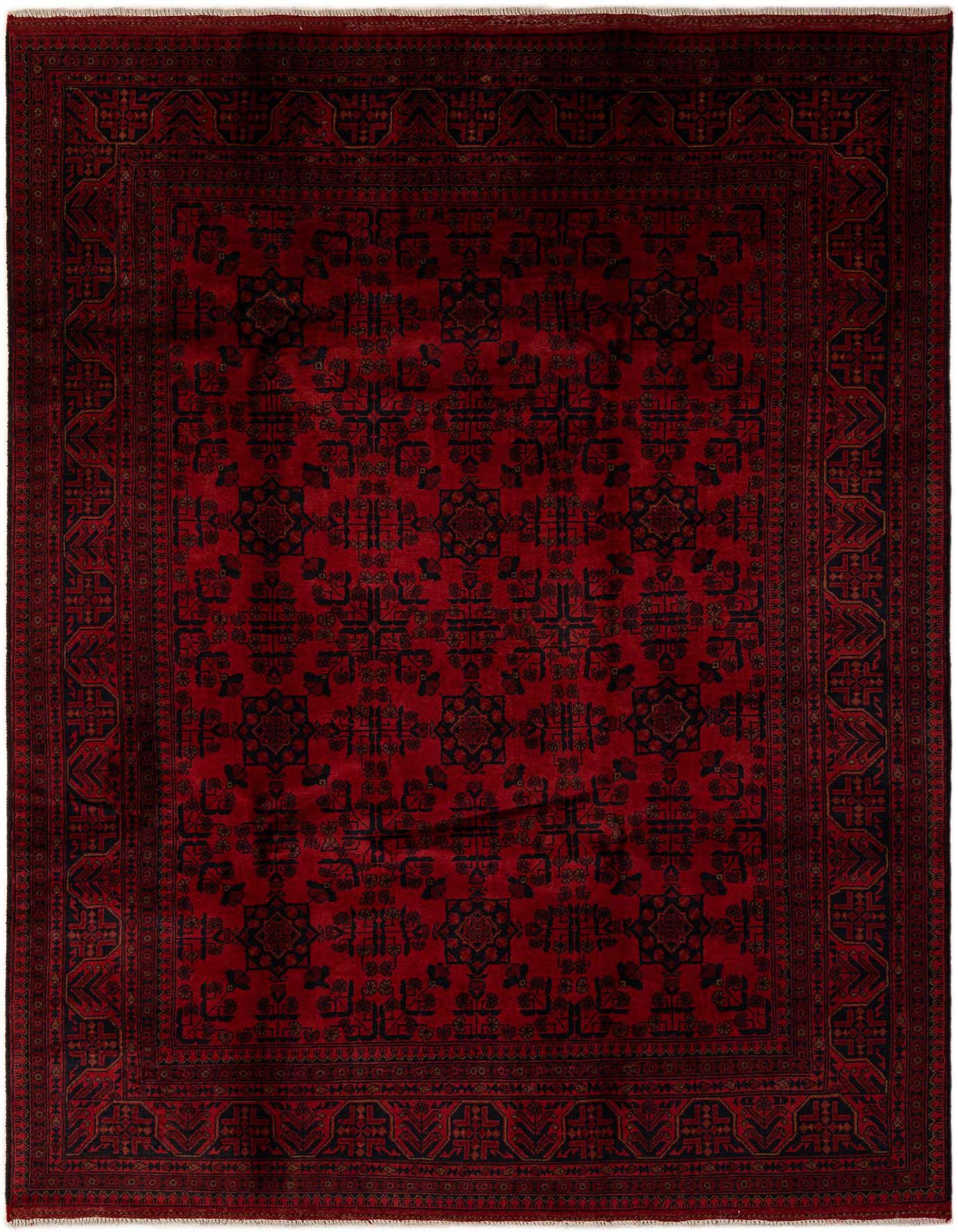 A 6x9 rectangular red modern rug with intricate dark patterns and a detailed border, suitable for a living room.