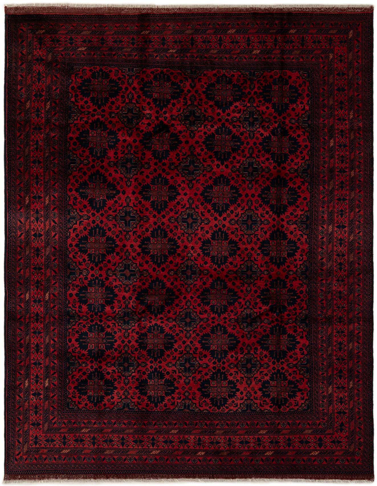 A 7x10 rectangular Rugs.com Khal Mohammadi rug featuring a deep red field with intricate dark blue and black modern patterns and a matching border.