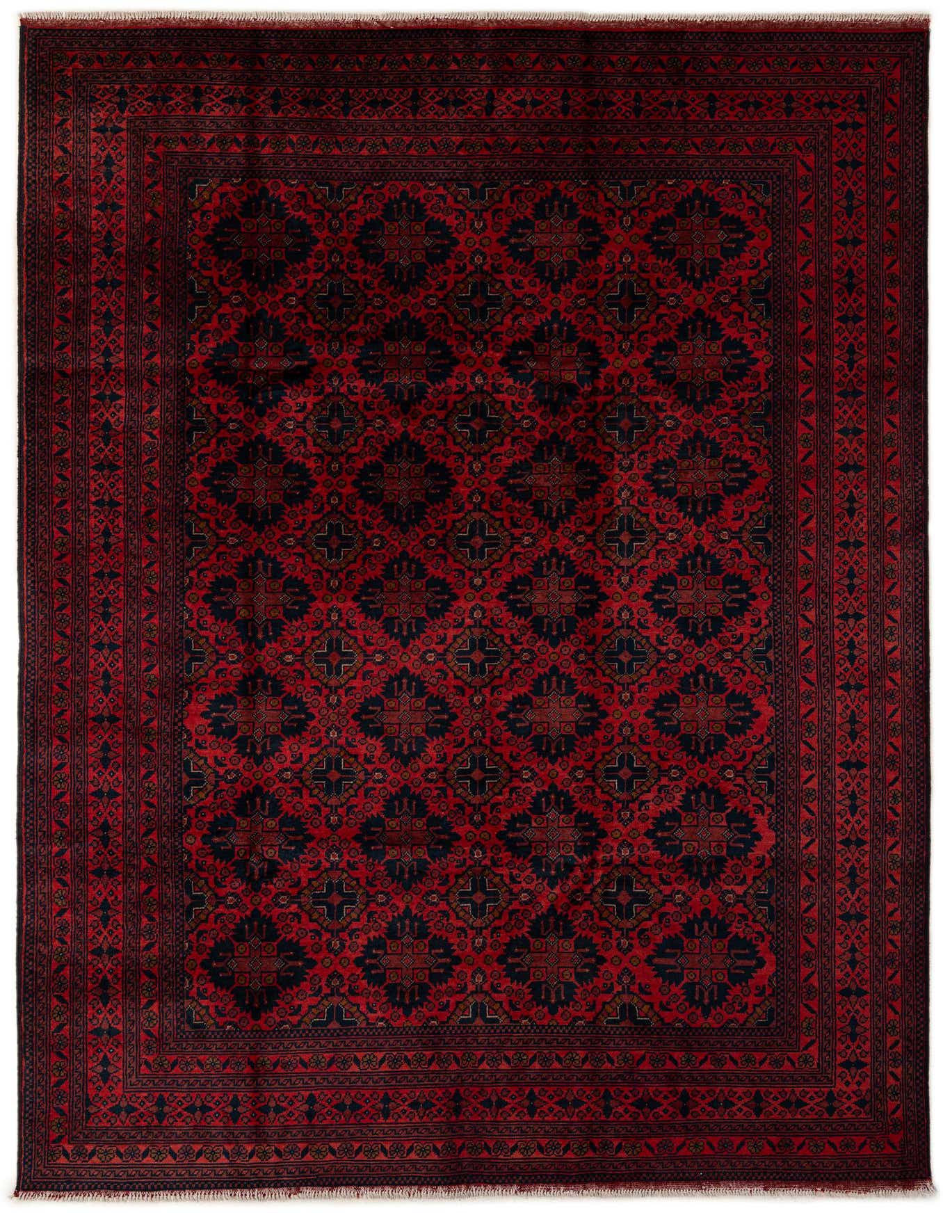 A 6x9 rectangular Khal Mohammadi rug in rich red with intricate dark blue and black modern patterns, ideal for a living room.