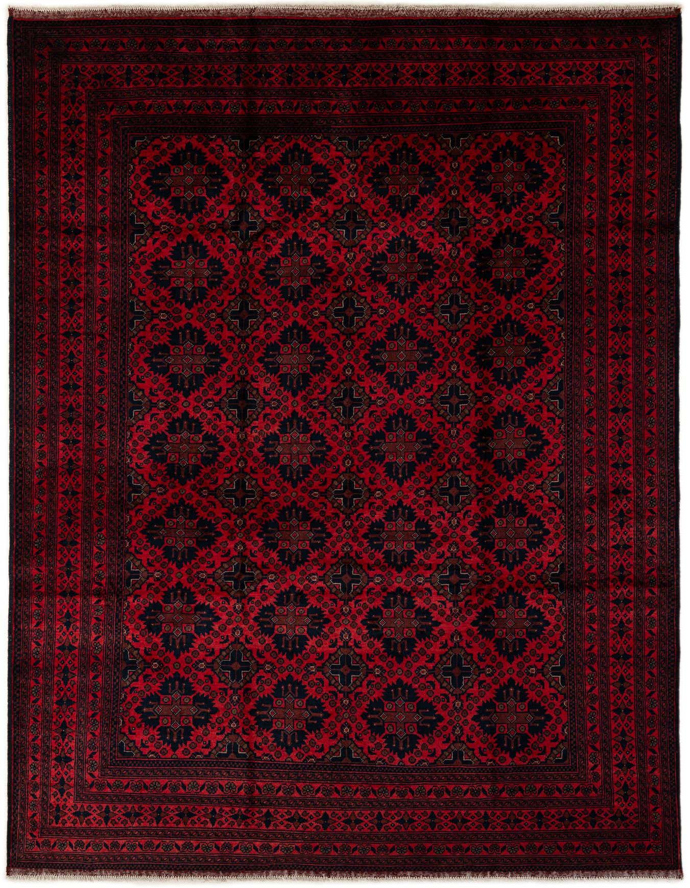 A 6x9 rectangular red Khal Mohammadi rug with a repeating dark geometric pattern and a detailed border.