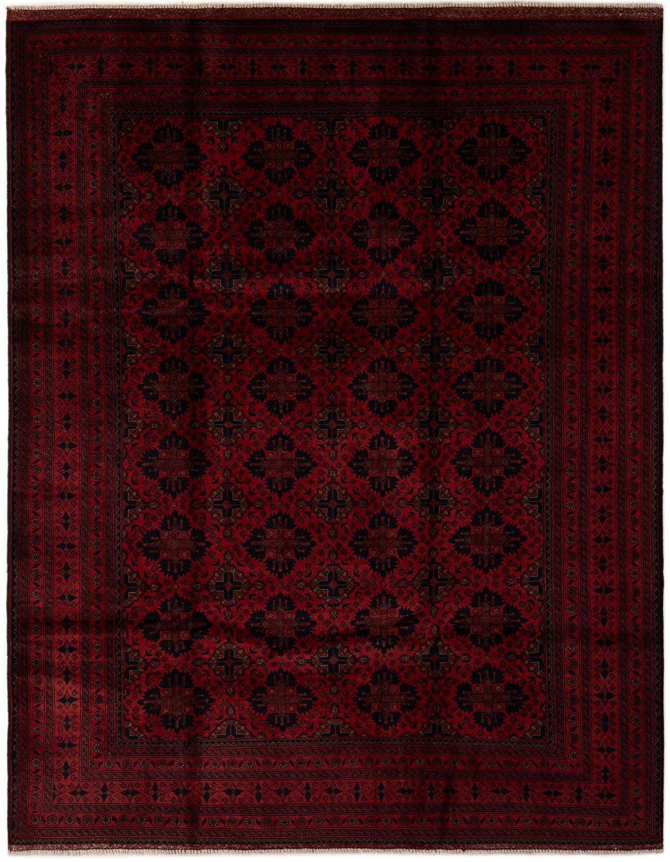 A 7x10 rectangular Khal Mohammadi rug in deep reds with a repeating black and gold modern pattern, perfect for a living room.