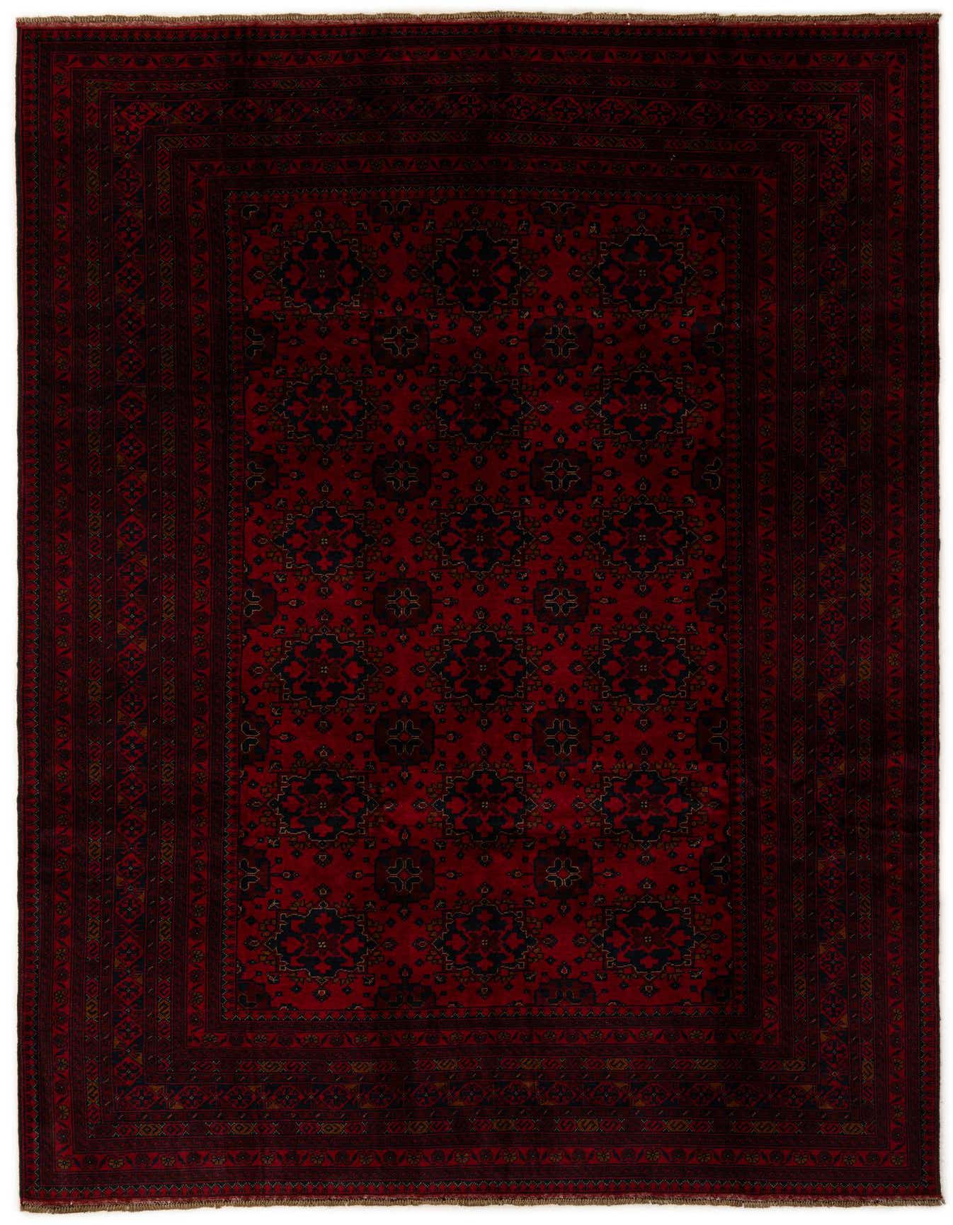 A 7x10 rectangular Khal Mohammadi rug in deep reds with a modern pattern and dark border, suitable for a living room.