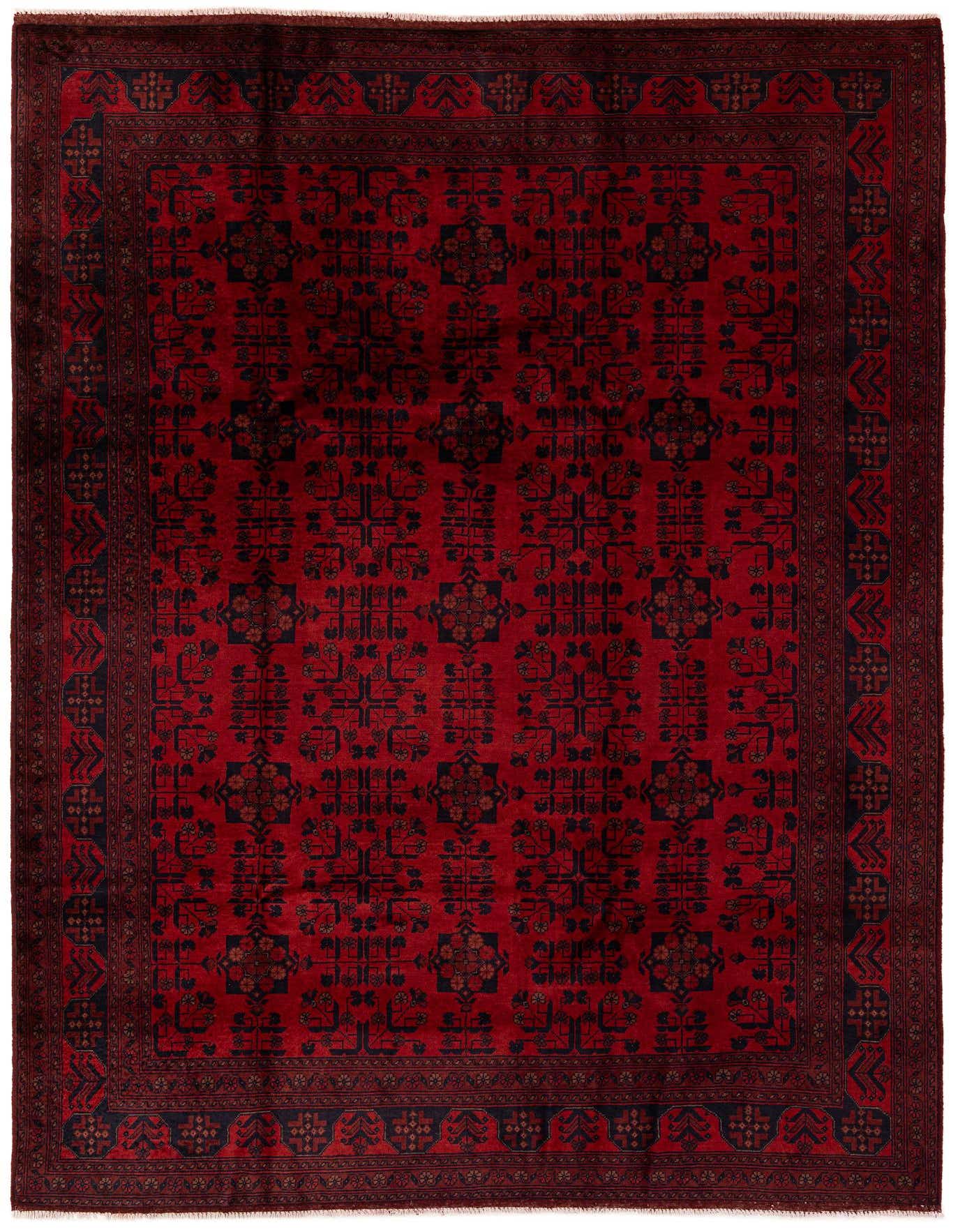 A 7x10 rectangular Khal Mohammadi rug in deep red with intricate dark blue modern patterns and a detailed border.