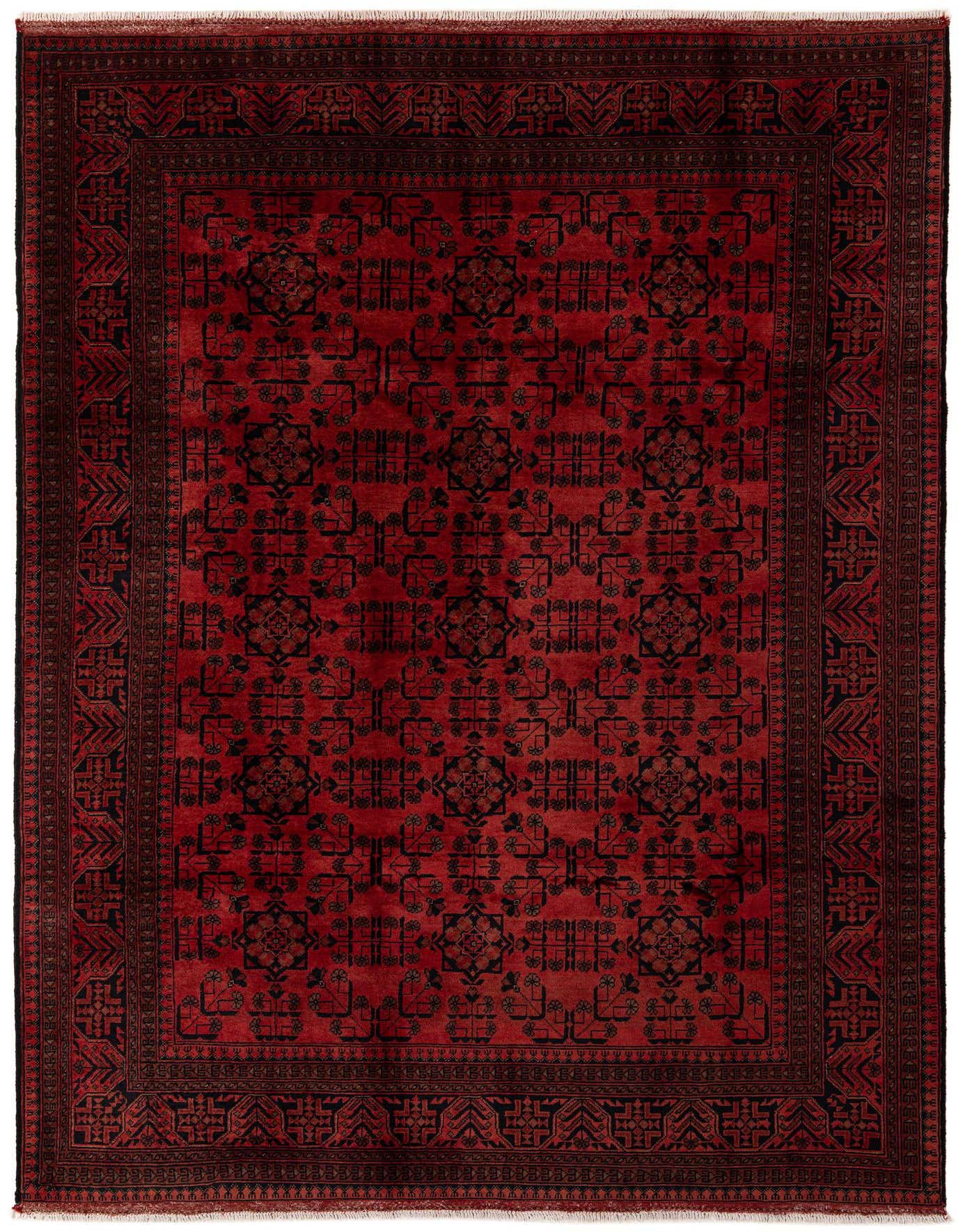 A 6x9 rectangular Khal Mohammadi rug featuring a deep red field with intricate black modern patterns and a matching border.