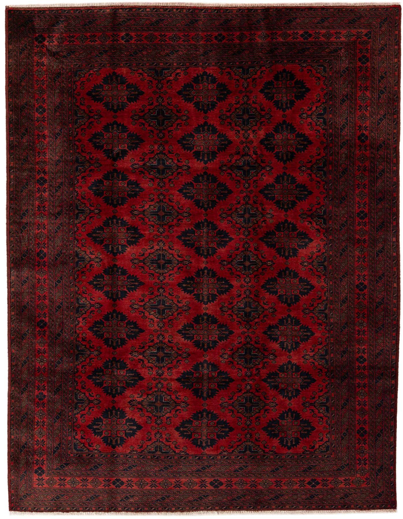 A 6x9 rectangular Khal Mohammadi rug featuring a rich red field with repeating dark geometric patterns and a detailed border.