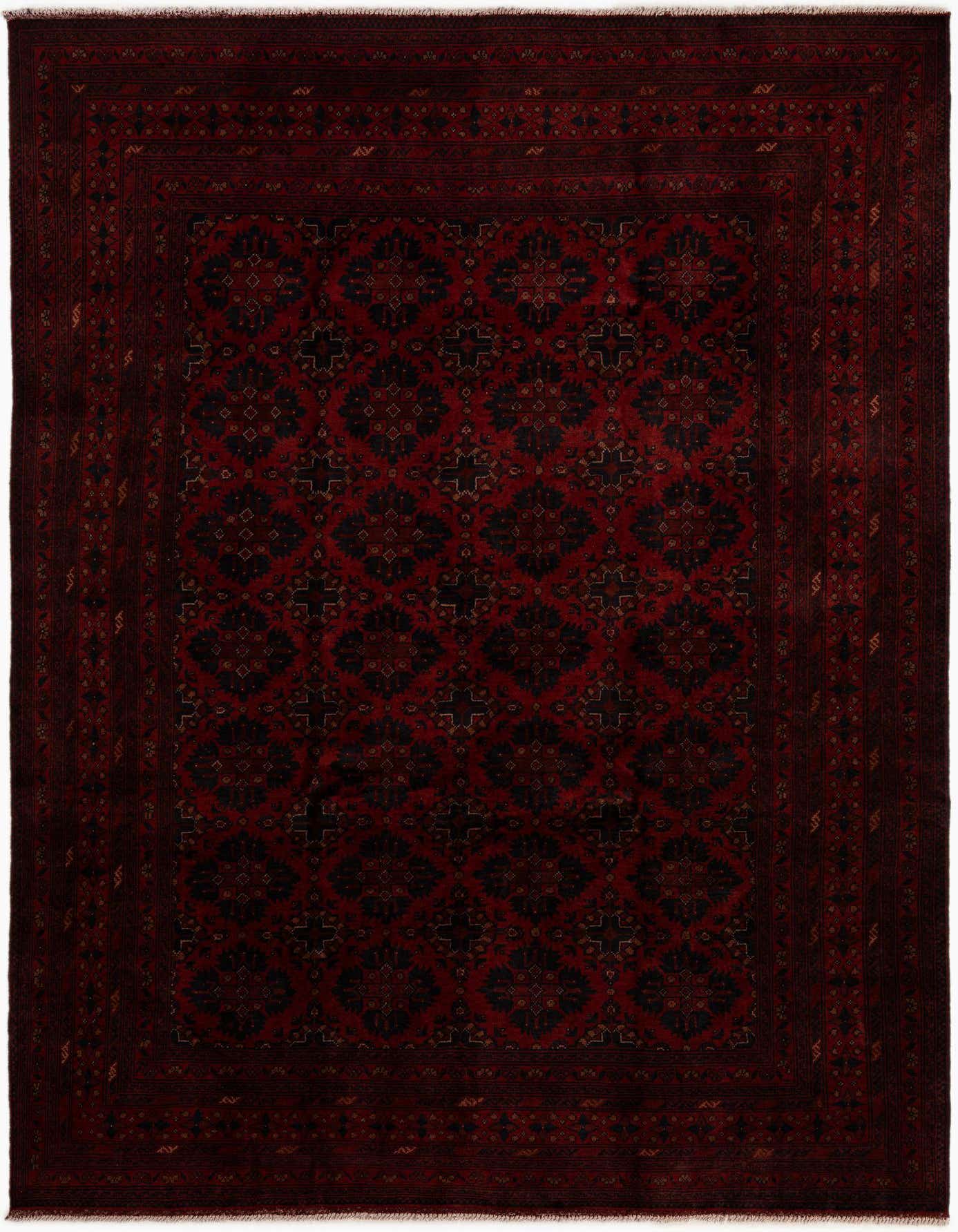A 7x10 rectangular Khal Mohammadi rug in deep reds with a modern geometric pattern, suitable for a living room.